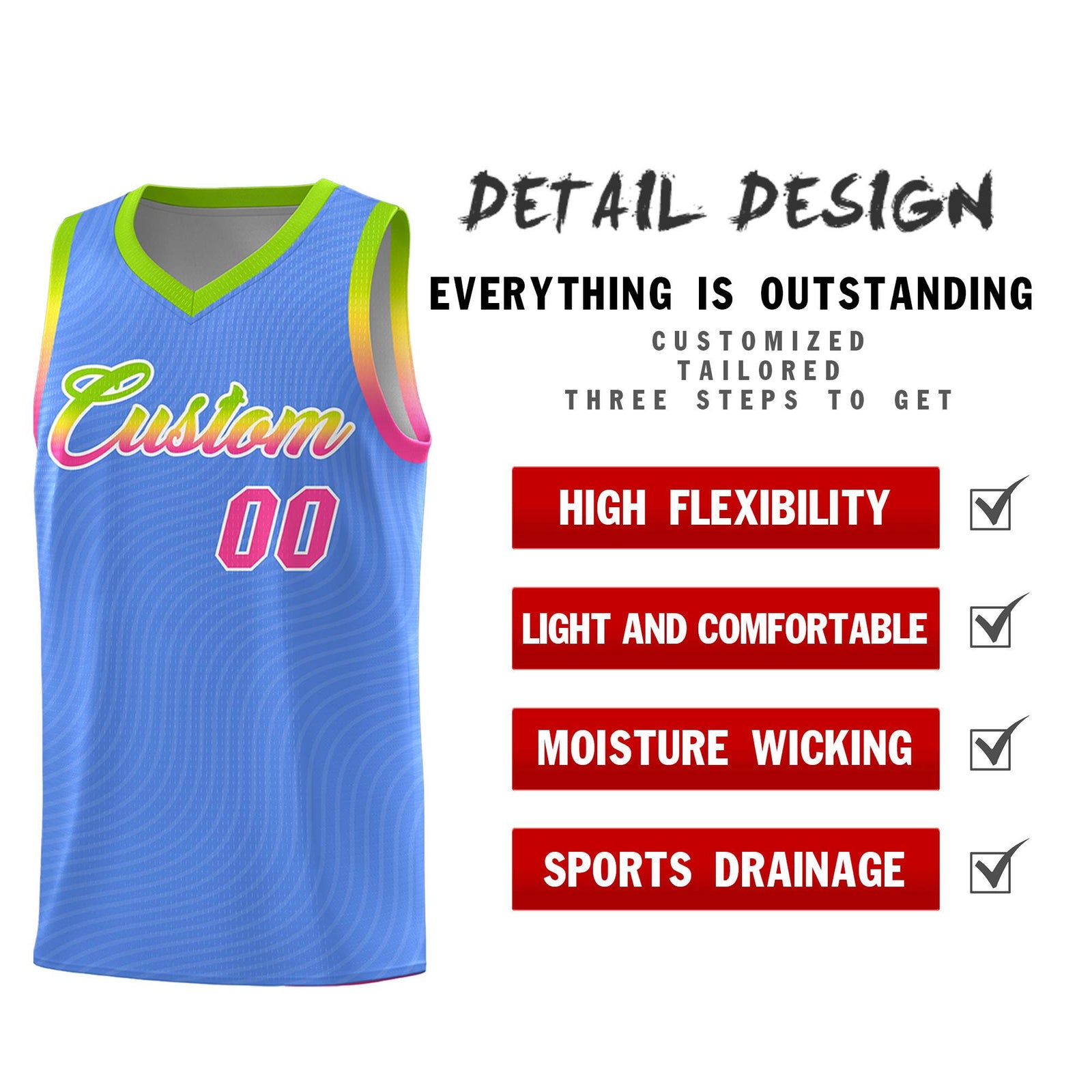 Custom Light Blue Neon Green Wave Pattern Sports Uniform Basketball Jersey