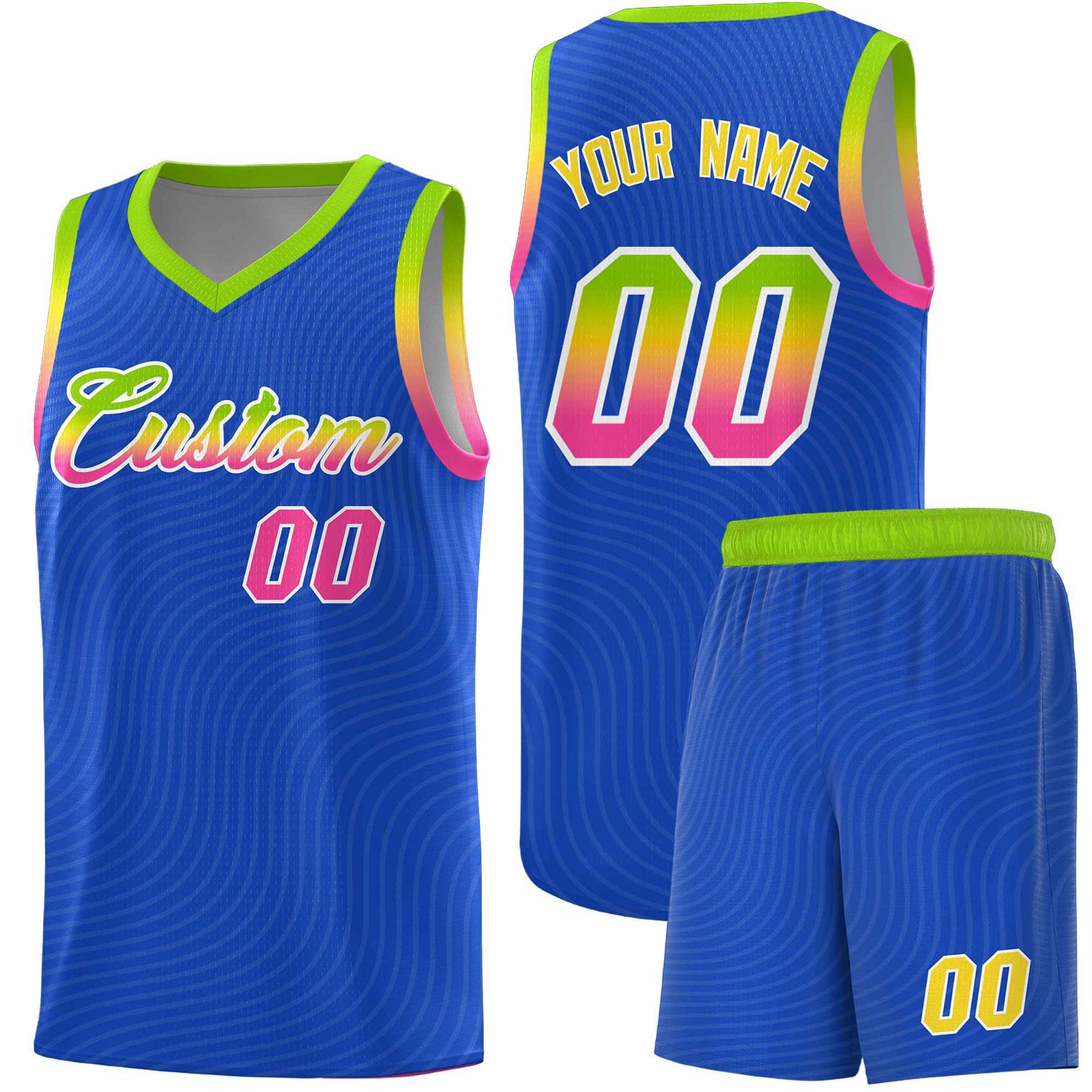 Custom Royal Blue Neon Green Wave Pattern Sports Uniform Basketball Jersey