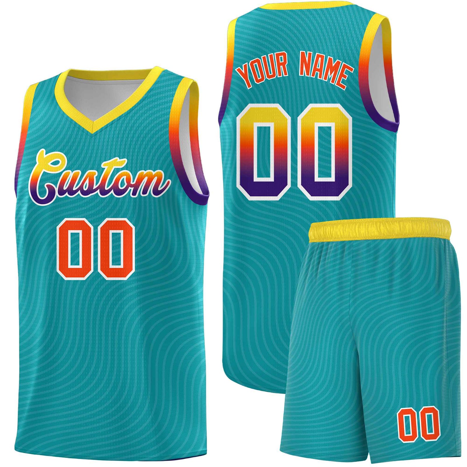 Custom Aqua Gold Wave Pattern Sports Uniform Basketball Jersey