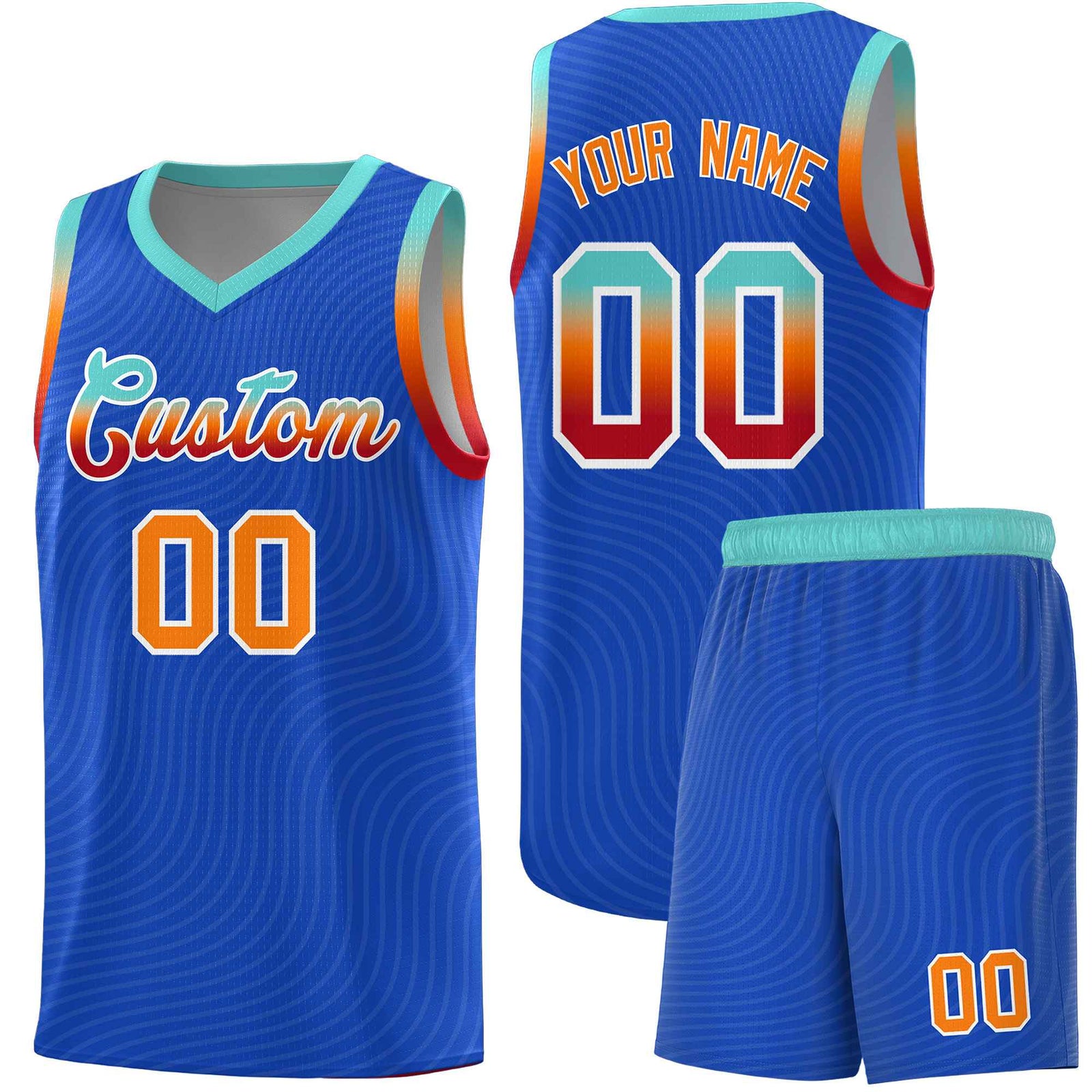 Custom Royal Blue Bright Green Wave Pattern Sports Uniform Basketball Jersey
