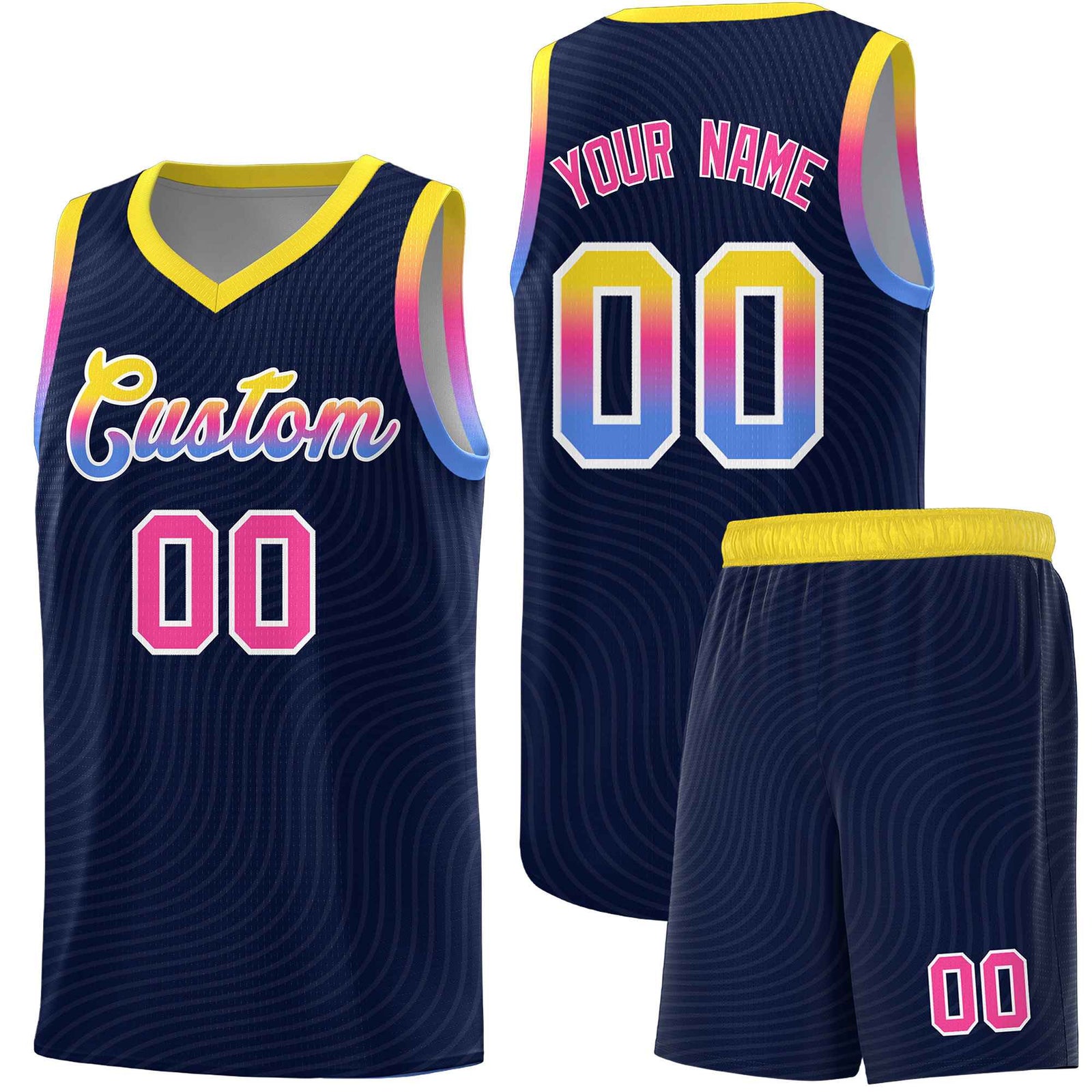 Custom Navy Gold Wave Pattern Sports Uniform Basketball Jersey