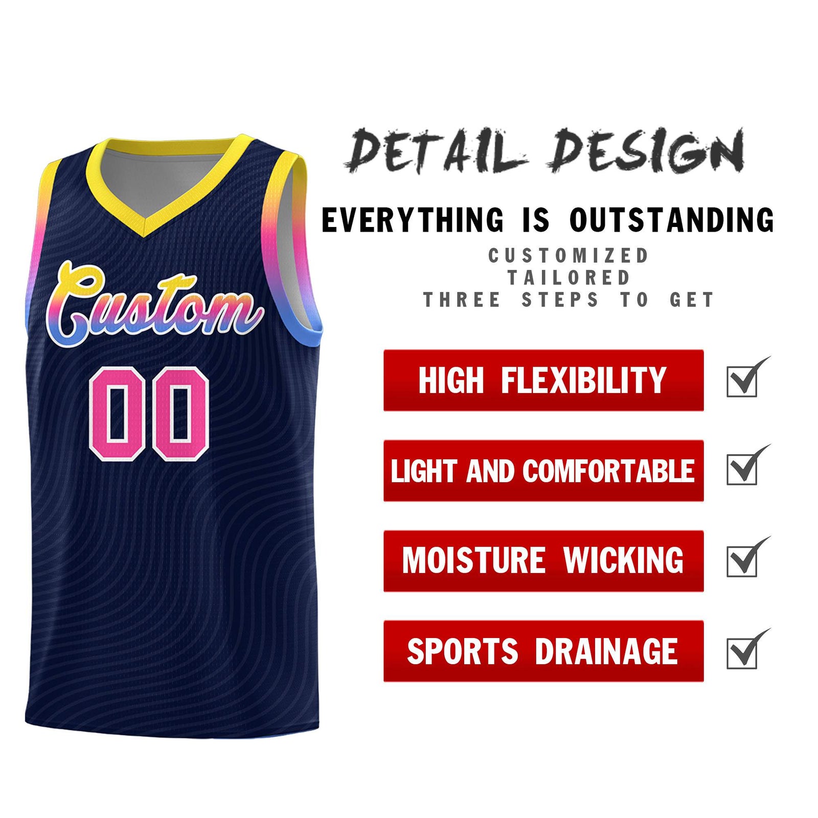 Custom Navy Gold Wave Pattern Sports Uniform Basketball Jersey