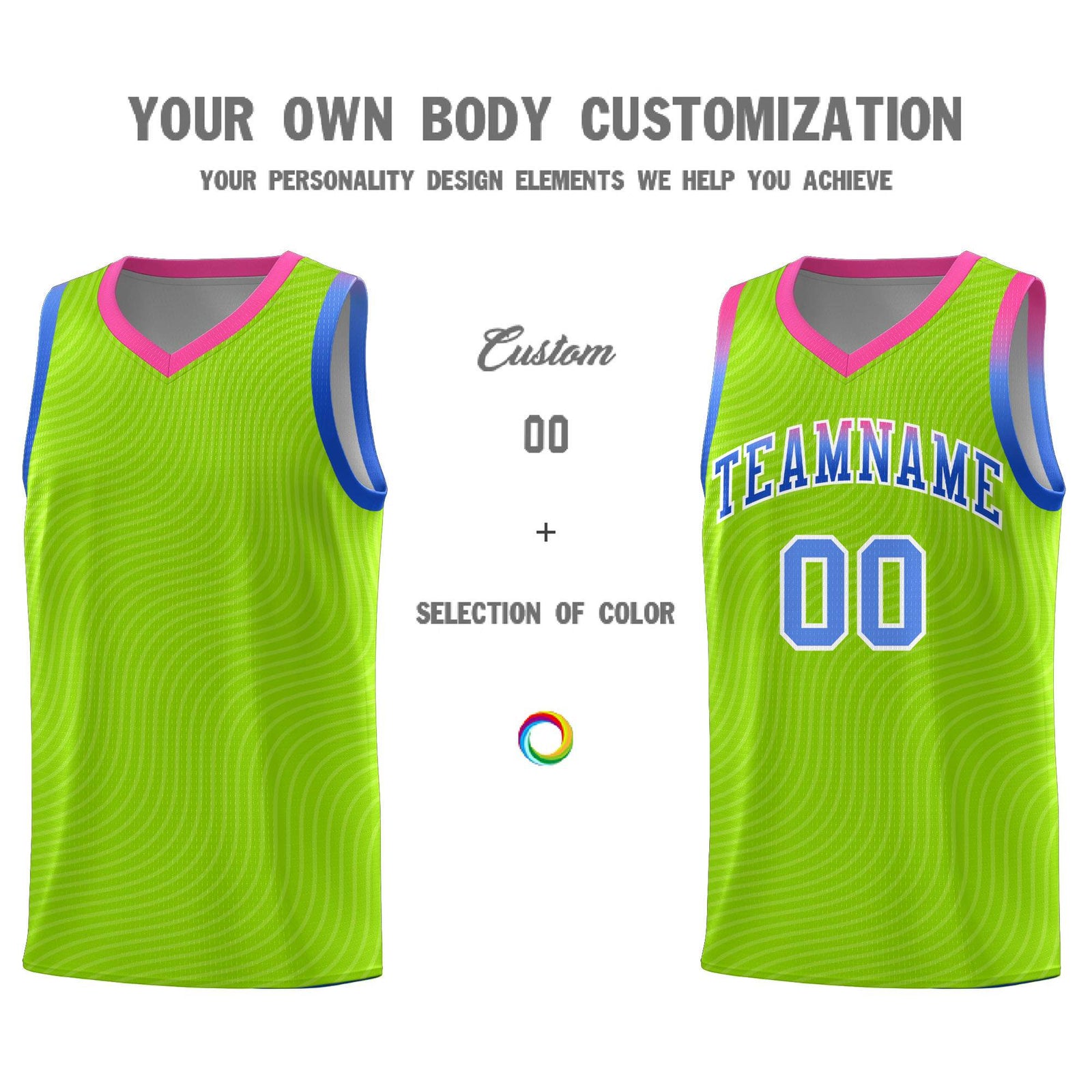 Custom Neon Green Pink Wave Pattern Sports Uniform Basketball Jersey