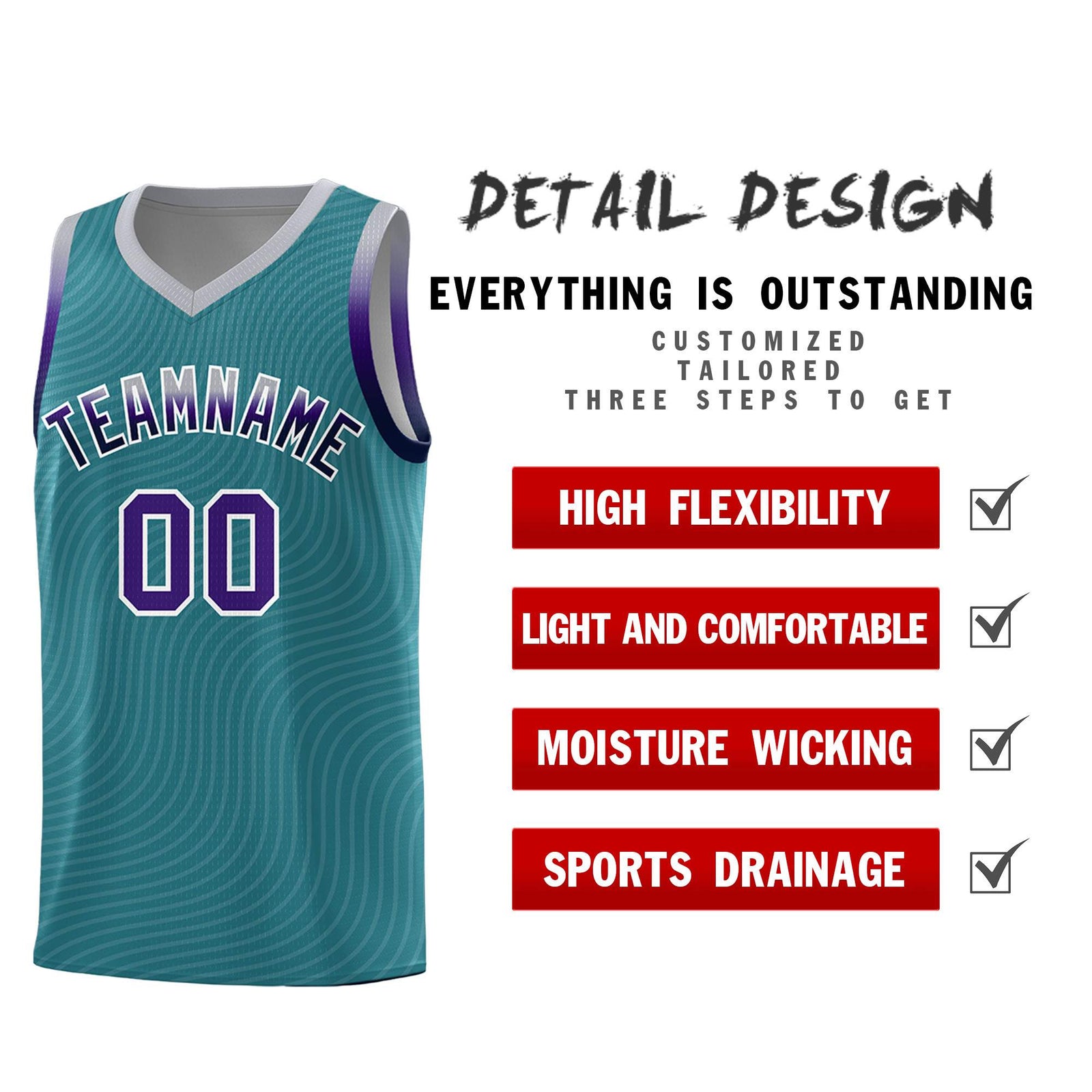 Custom Teal Gray Wave Pattern Sports Uniform Basketball Jersey