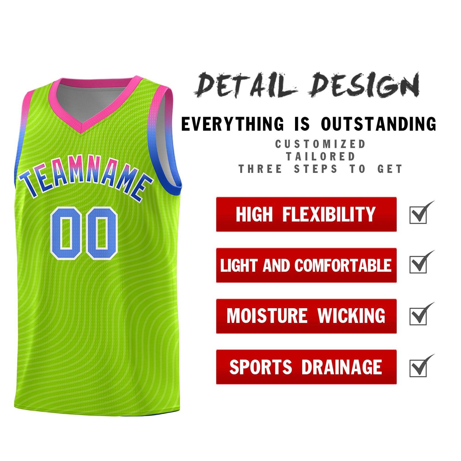 Custom Neon Green Pink Wave Pattern Sports Uniform Basketball Jersey