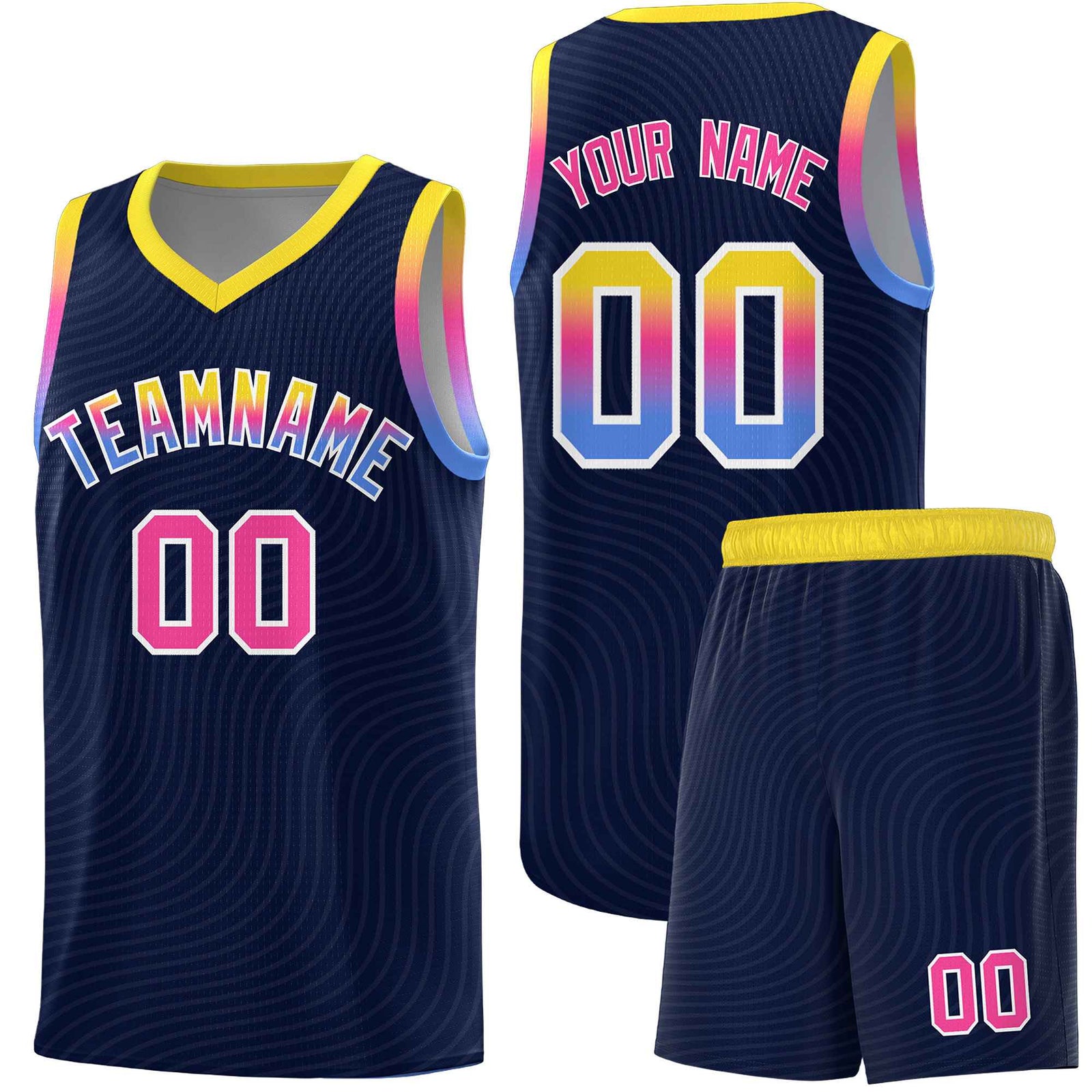 Custom Navy Gold Wave Pattern Sports Uniform Basketball Jersey