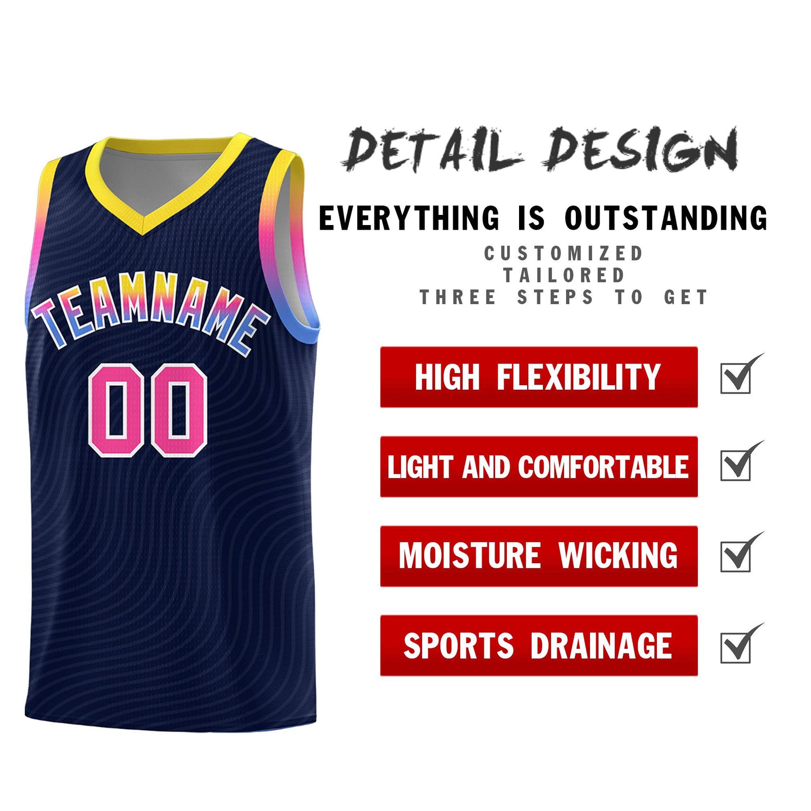 Custom Navy Gold Wave Pattern Sports Uniform Basketball Jersey