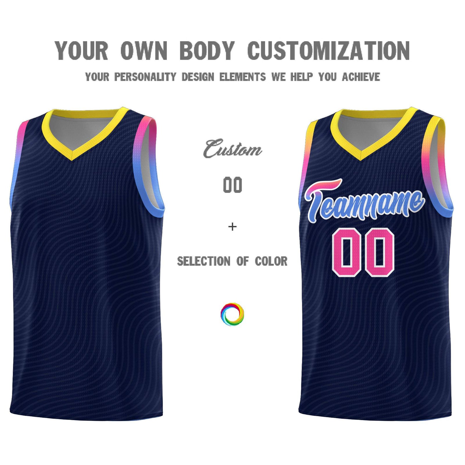 Custom Navy Gold Wave Pattern Sports Uniform Basketball Jersey