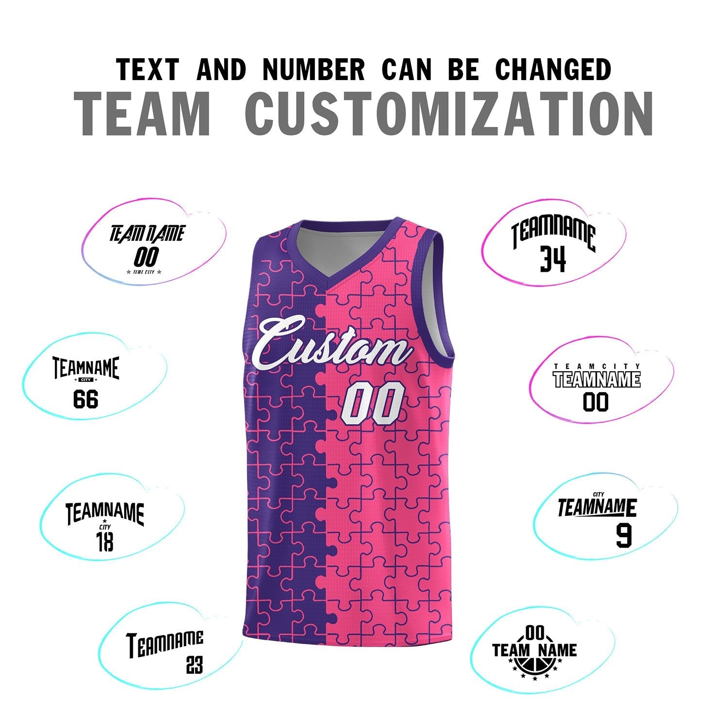 Custom Youth Basketball Jersey Purple Pink Puzzle Pattern Breathable Team Uniform