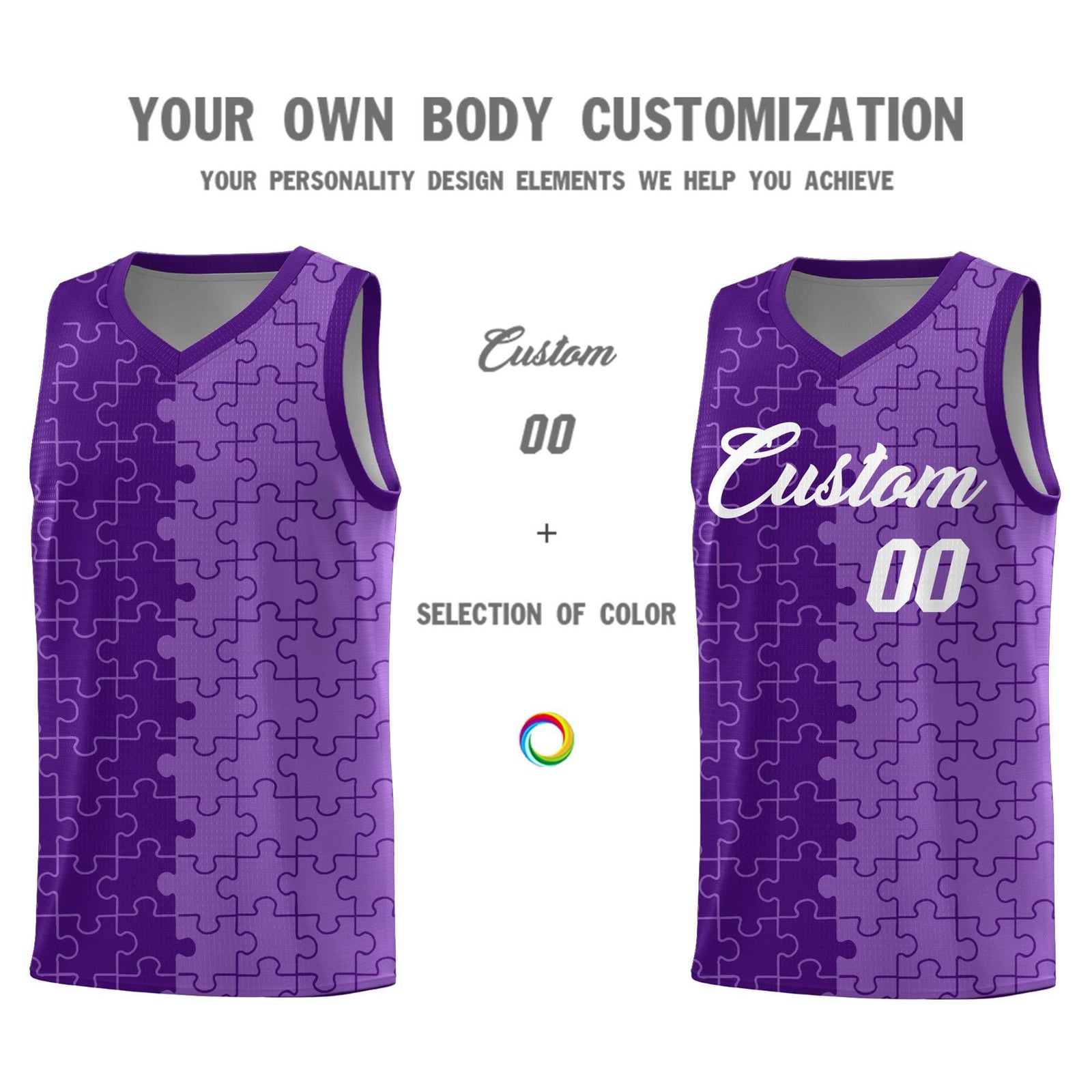 Custom Youth Basketball Jersey Purple Light Purple Puzzle Pattern Add Name, Number & Team Logo