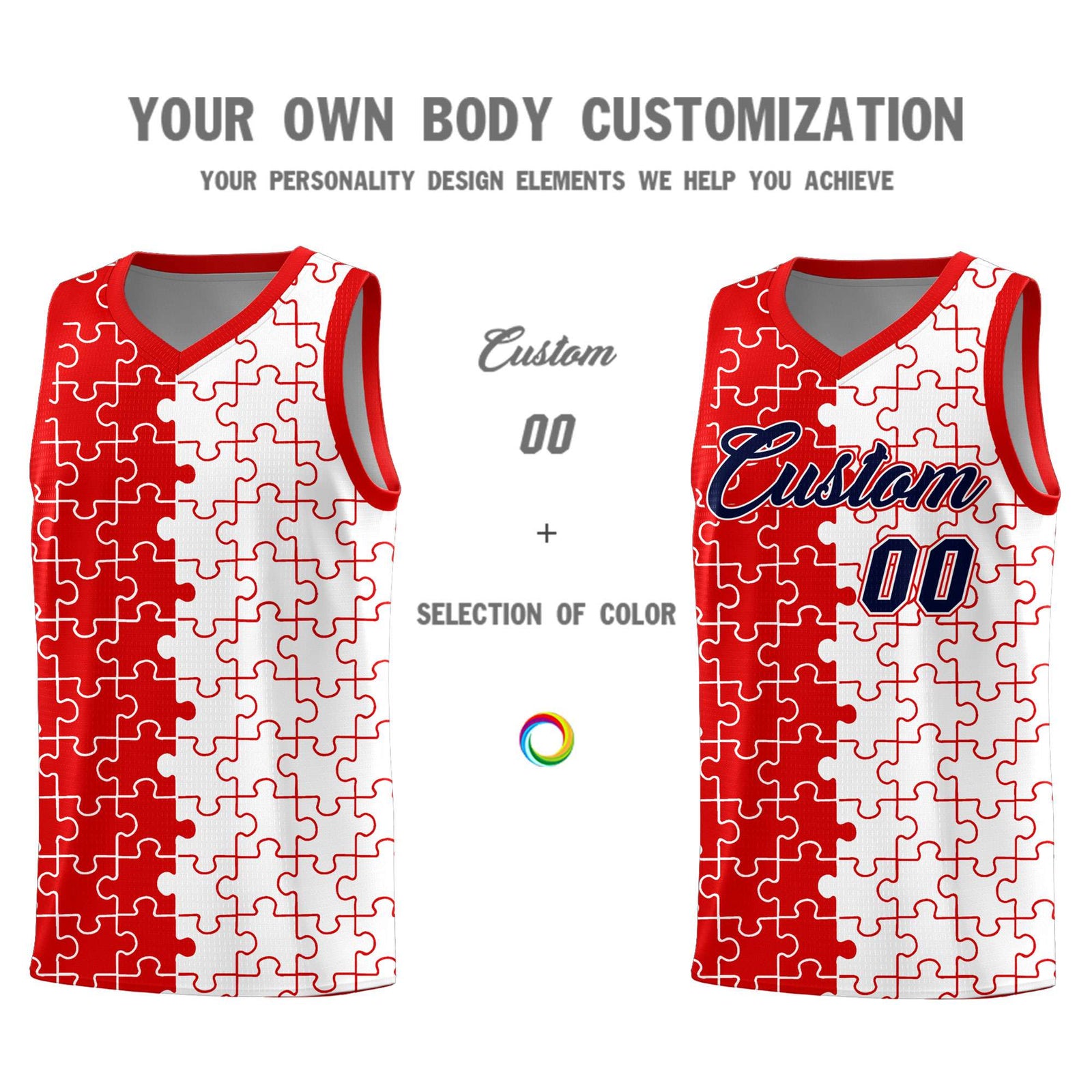 Custom Youth Basketball Jersey Red White Puzzle Pattern Add Name, Number & Team Logo