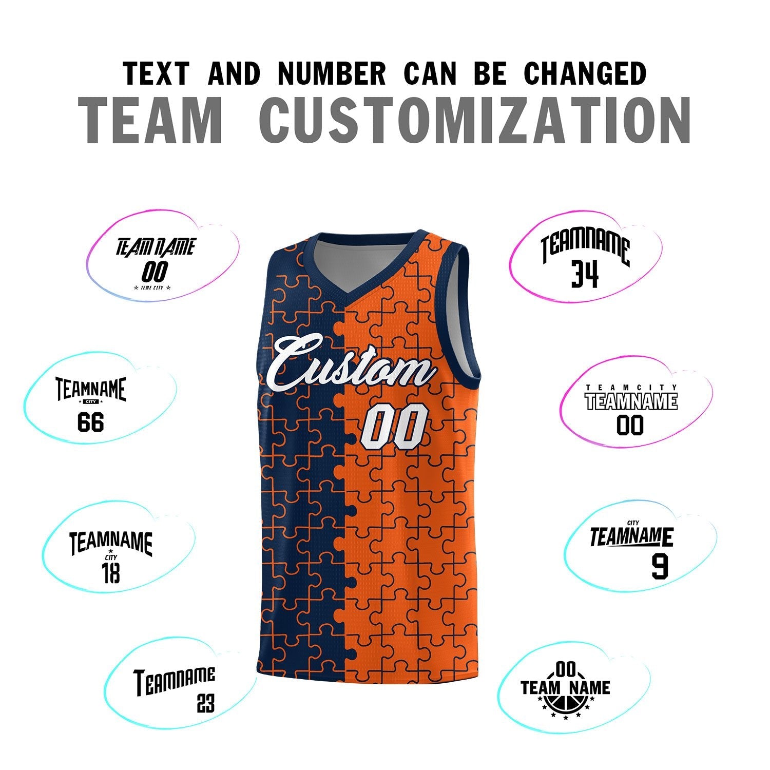 Custom Youth Basketball Jersey Navy Orange Puzzle Pattern Breathable Team Uniform