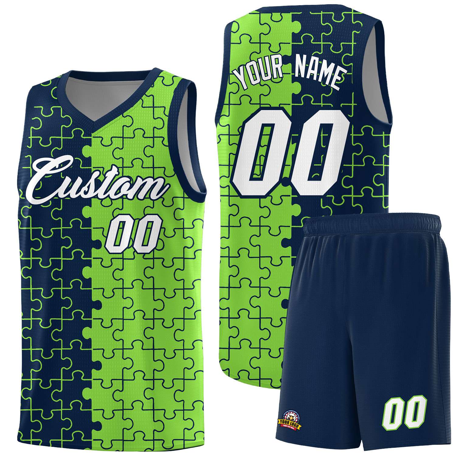 Custom Youth Basketball Jersey Navy Fluorescent Green Puzzle Pattern Moisture-Wicking Team Uniform