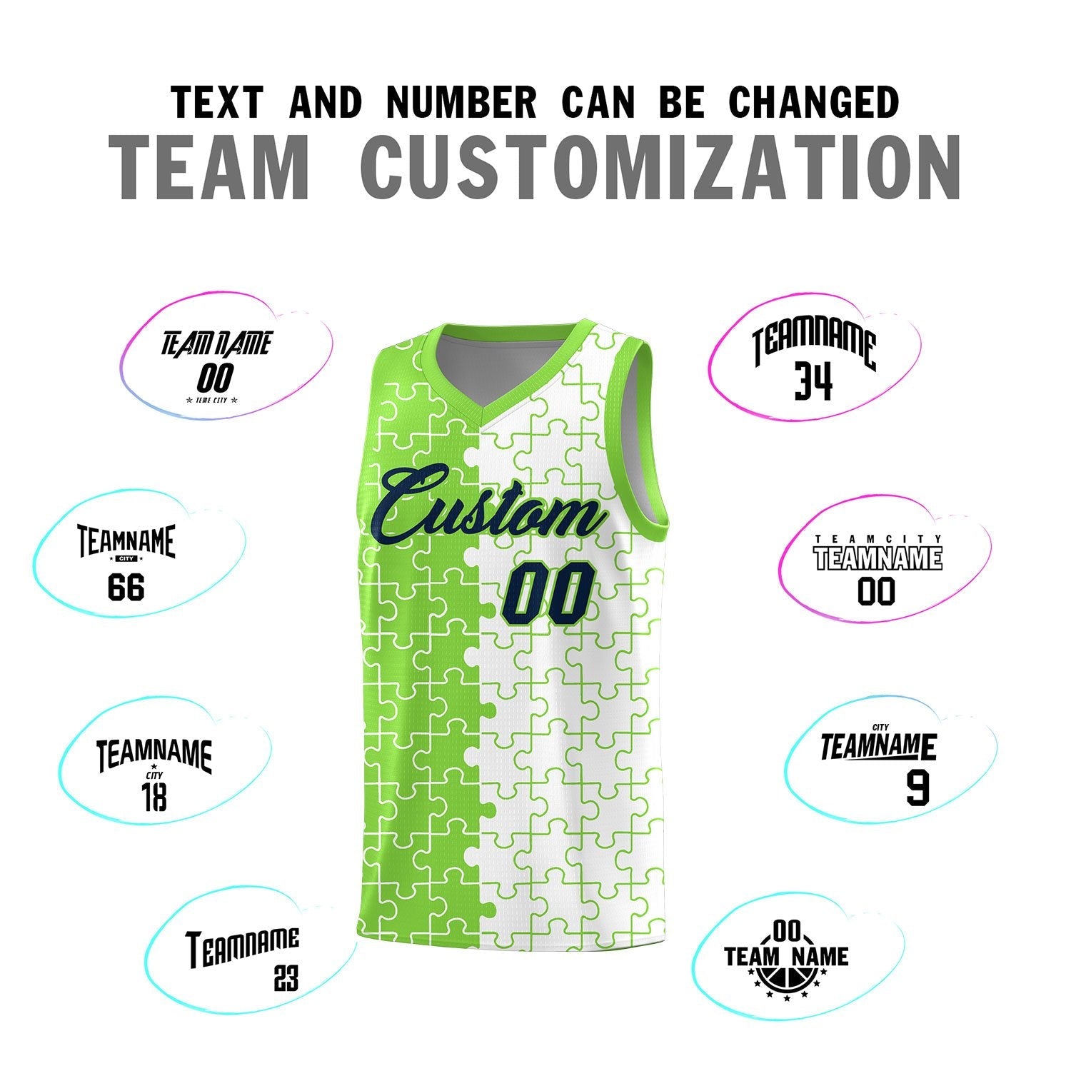 Custom Youth Basketball Jersey Fluorescent Green White Puzzle Pattern Personalized Team Uniform