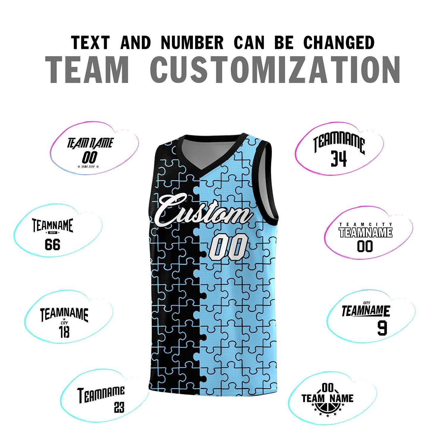 Custom Youth Basketball Jersey Black Light Blue Puzzle Pattern Add Name, Number & Team Logo