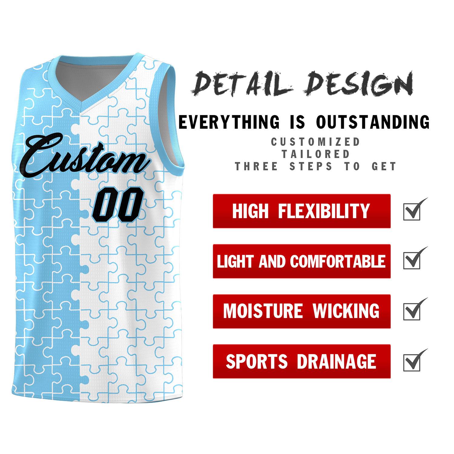 Custom Youth Basketball Jersey Light Blue White Puzzle Pattern Breathable Team Uniform