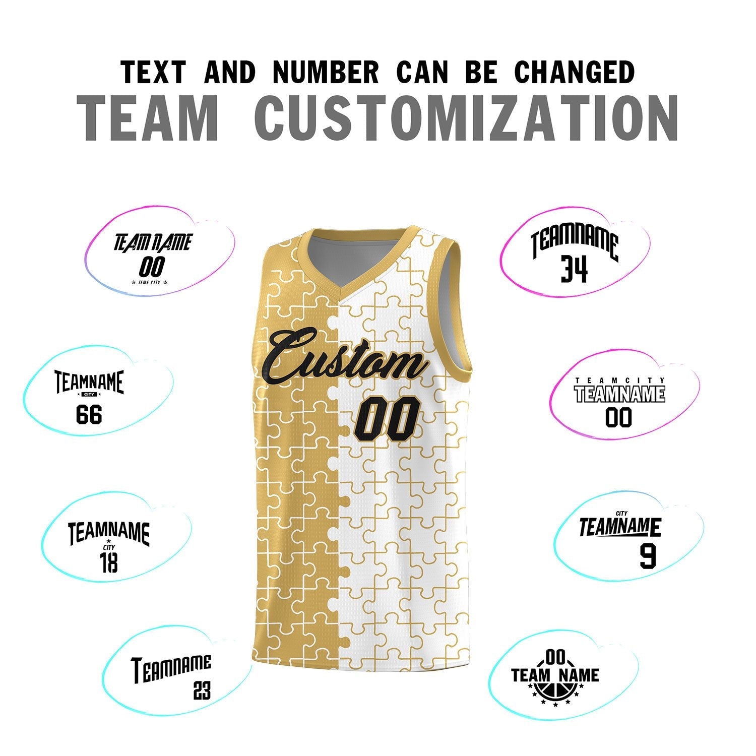 Custom Youth Basketball Jersey Old Gold White Puzzle Pattern Personalized Team Uniform