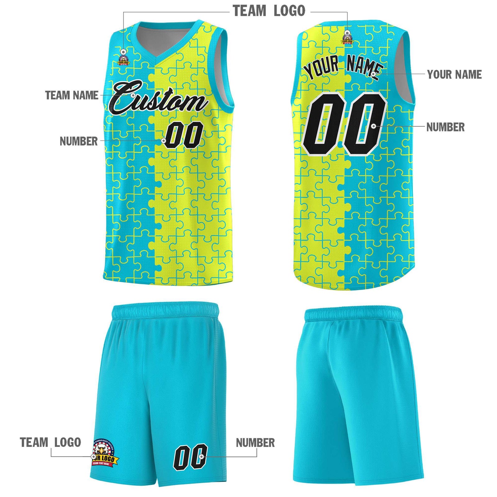 Custom Youth Basketball Jersey Sky Blue Fluorescent Green Puzzle Pattern Personalized Team Uniform