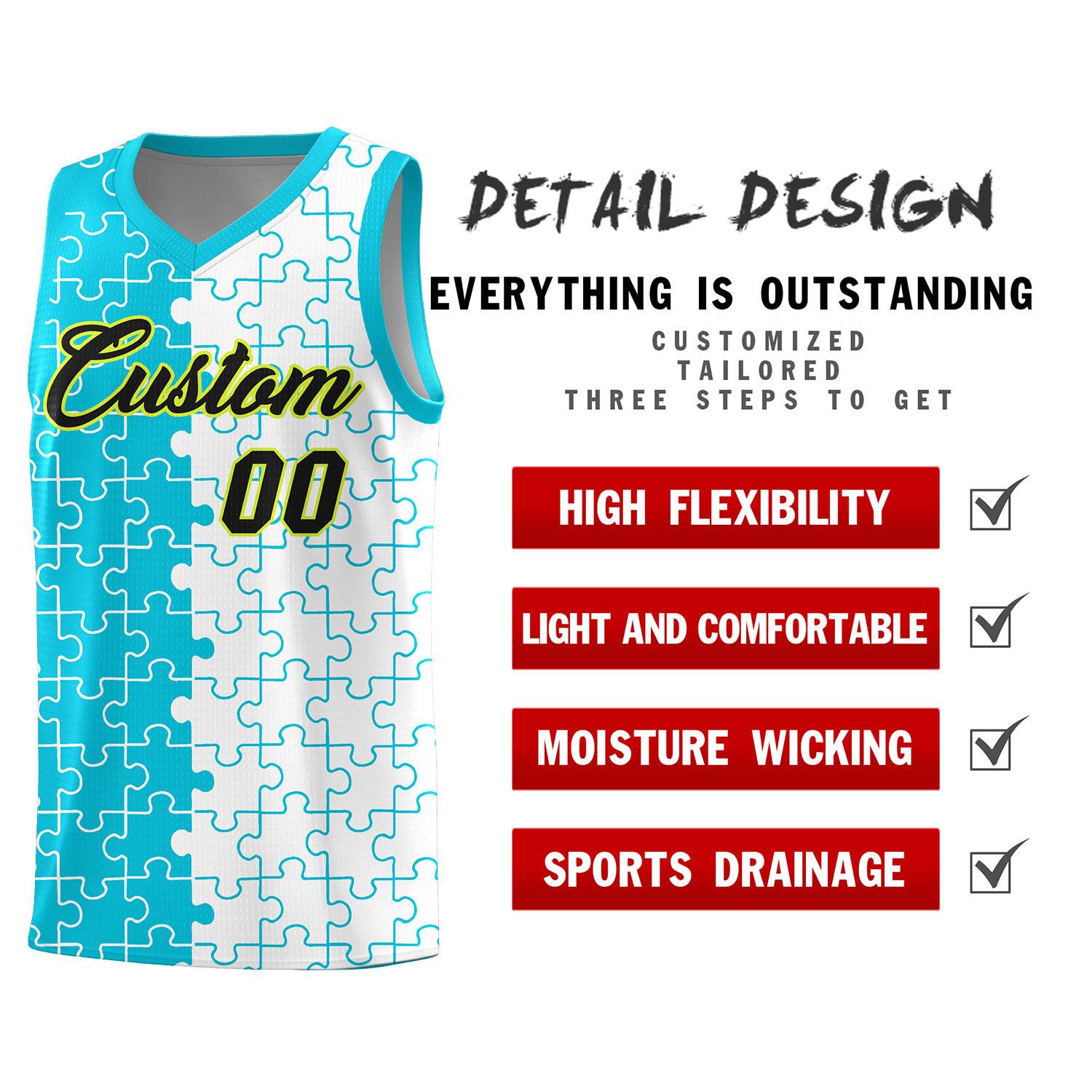 Custom Youth Basketball Jersey Sky Blue White Puzzle Pattern Breathable Team Uniform