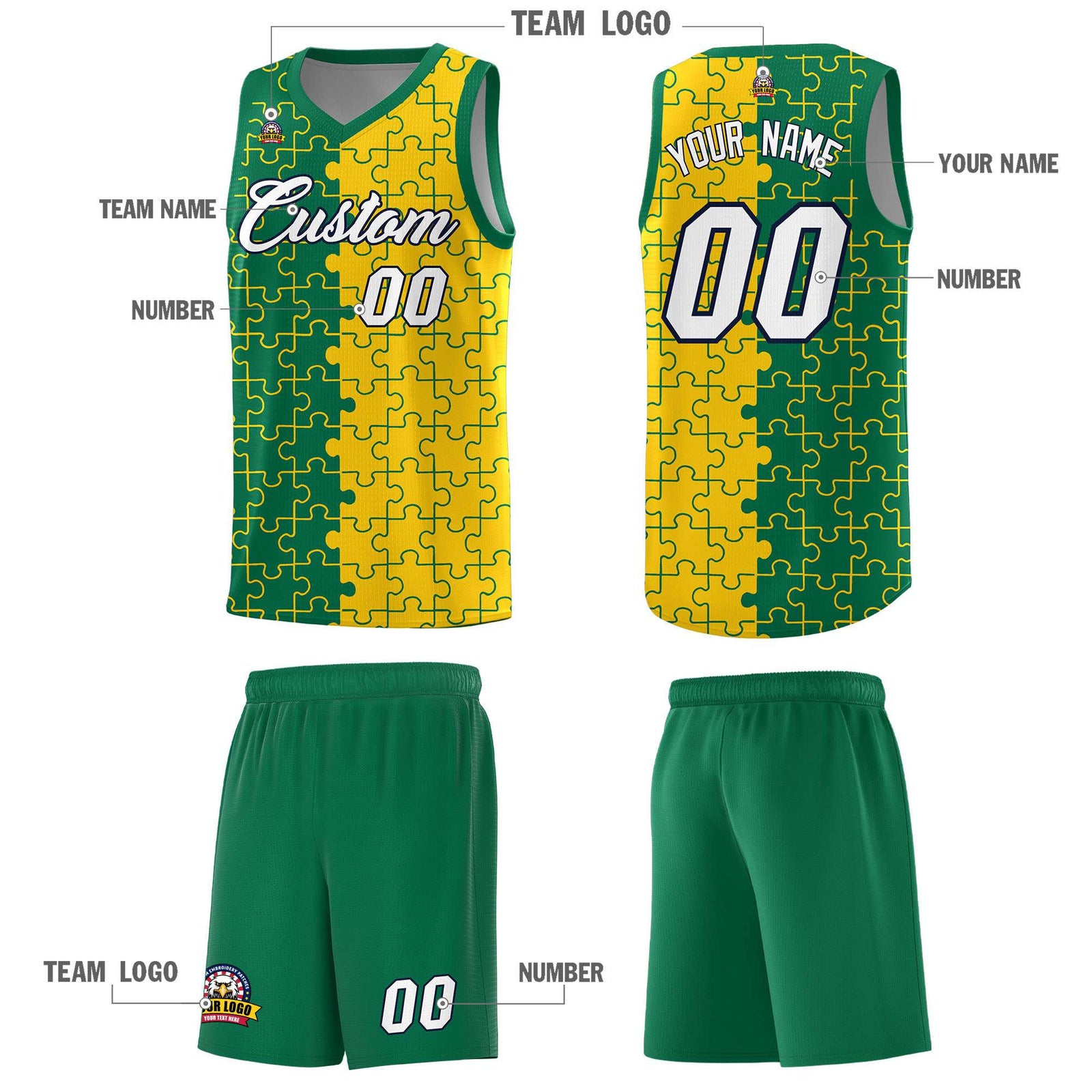 Custom Youth Basketball Jersey Kelly Green Gold Puzzle Pattern Personalized Team Uniform