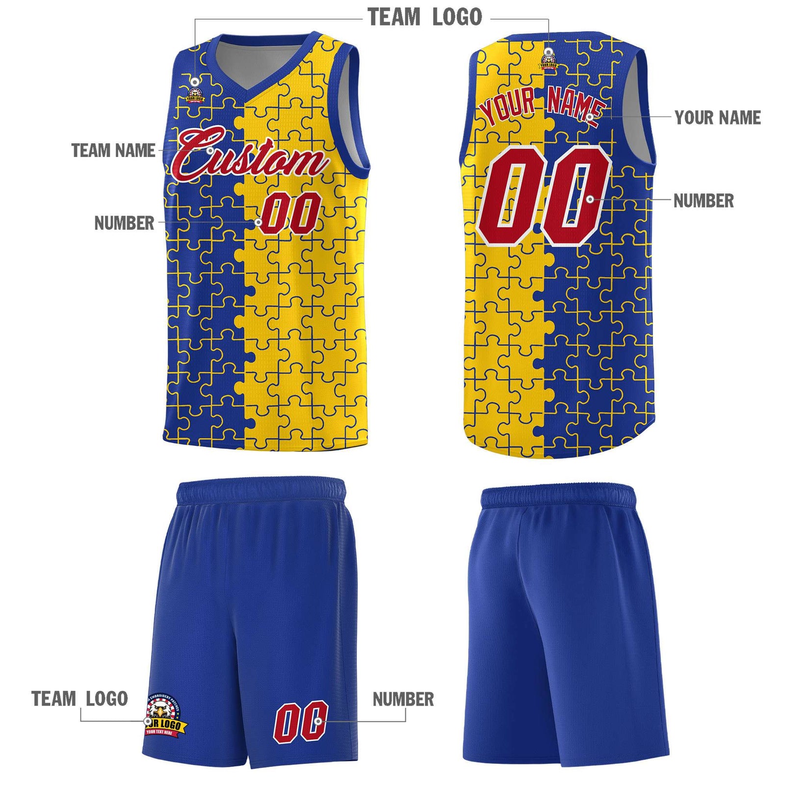 Custom Youth Basketball Jersey Royal Blue Gold Puzzle Pattern Add Name, Number & Team Logo