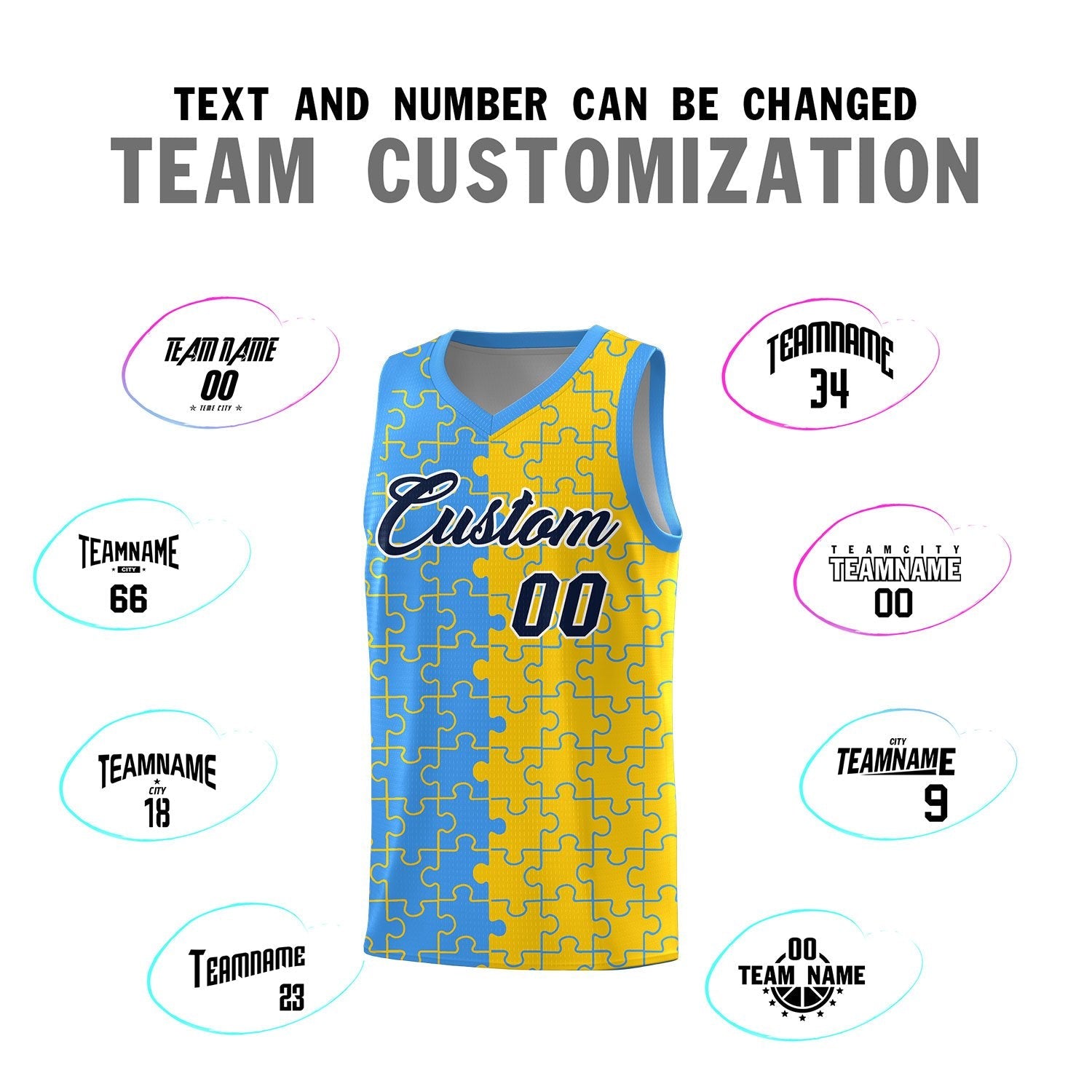 Custom Youth Basketball Jersey Light Blue Gold Puzzle Pattern Add Name, Number & Team Logo