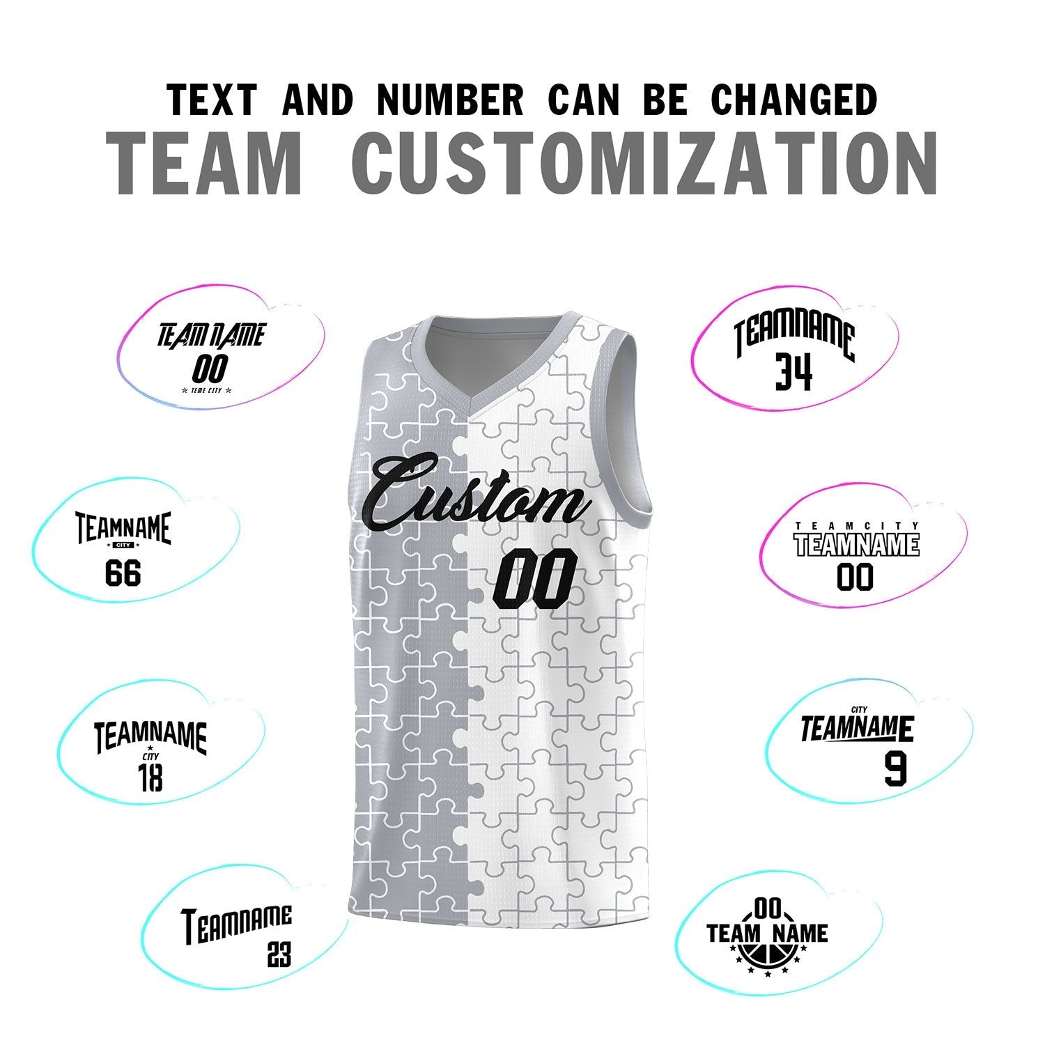 Custom Youth Basketball Jersey Gray White Puzzle Pattern Personalized Team Uniform