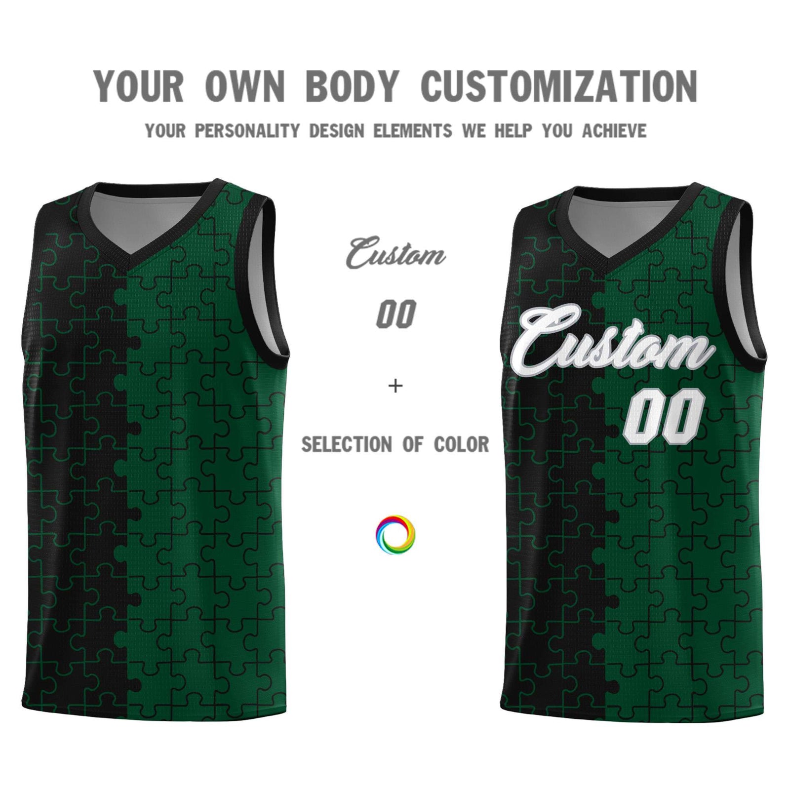 Custom Youth Basketball Jersey Black Green Puzzle Pattern Breathable Team Uniform