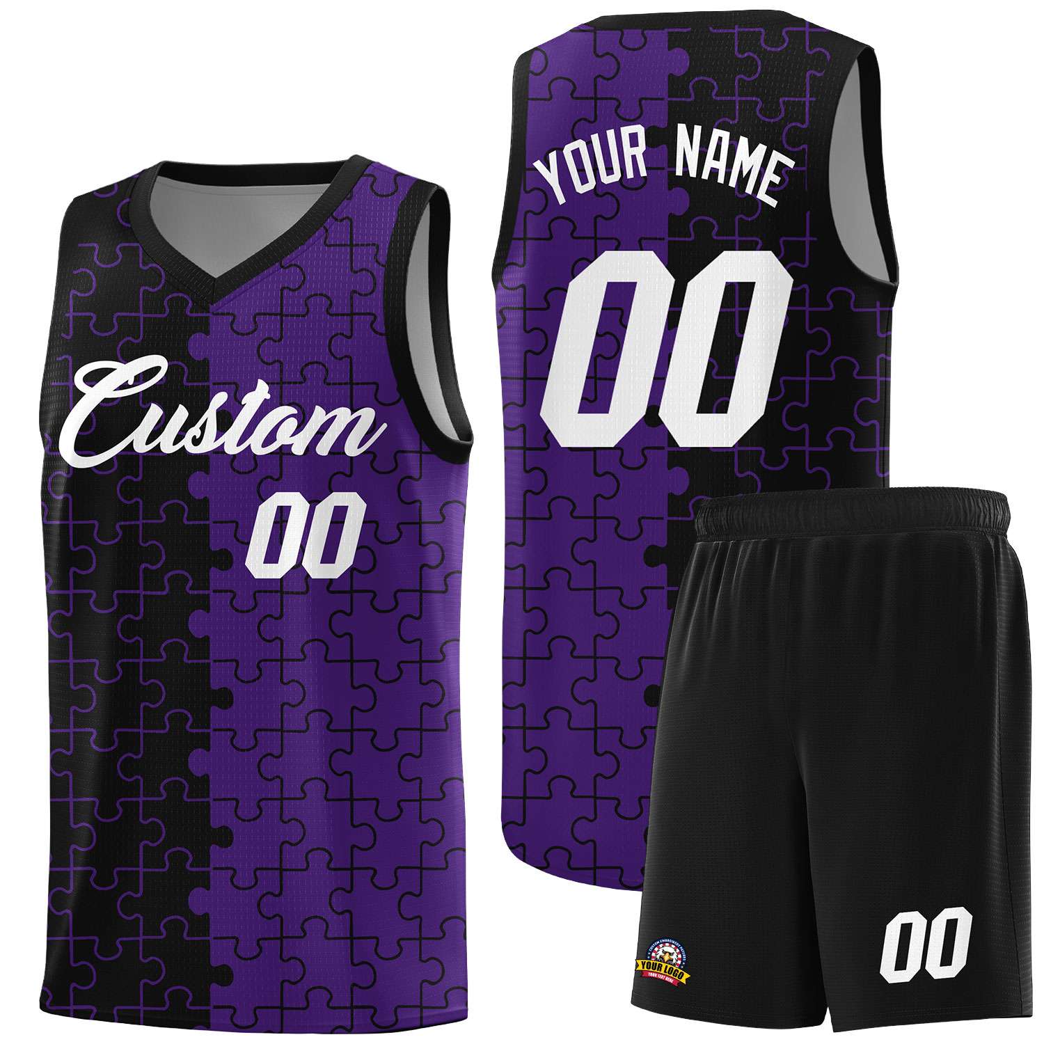 Custom Youth Basketball Jersey Black Purple Puzzle Pattern Moisture-Wicking Team Uniform