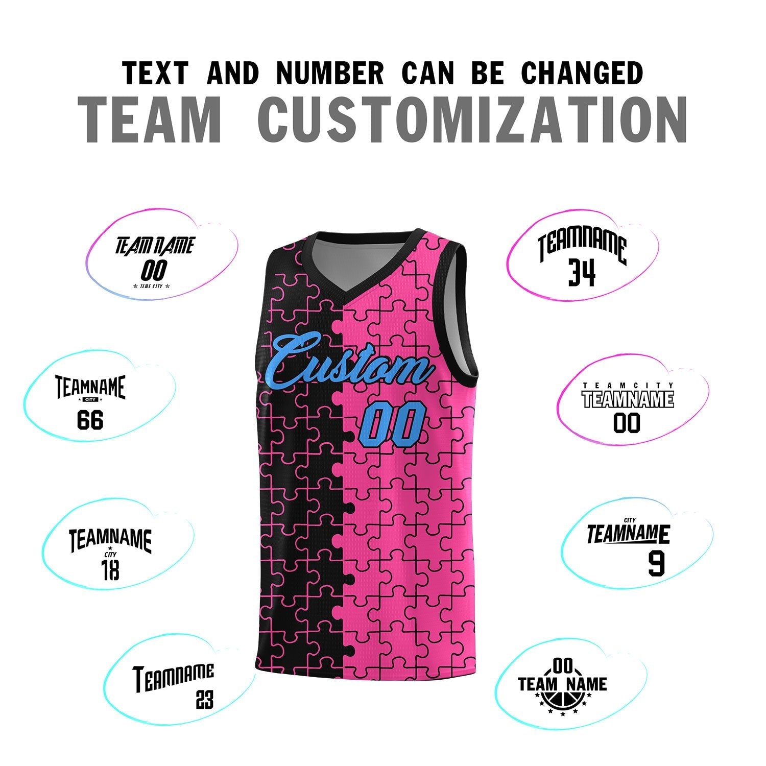 Custom Youth Basketball Jersey Black Pink Puzzle Pattern Add Name, Number & Team Logo