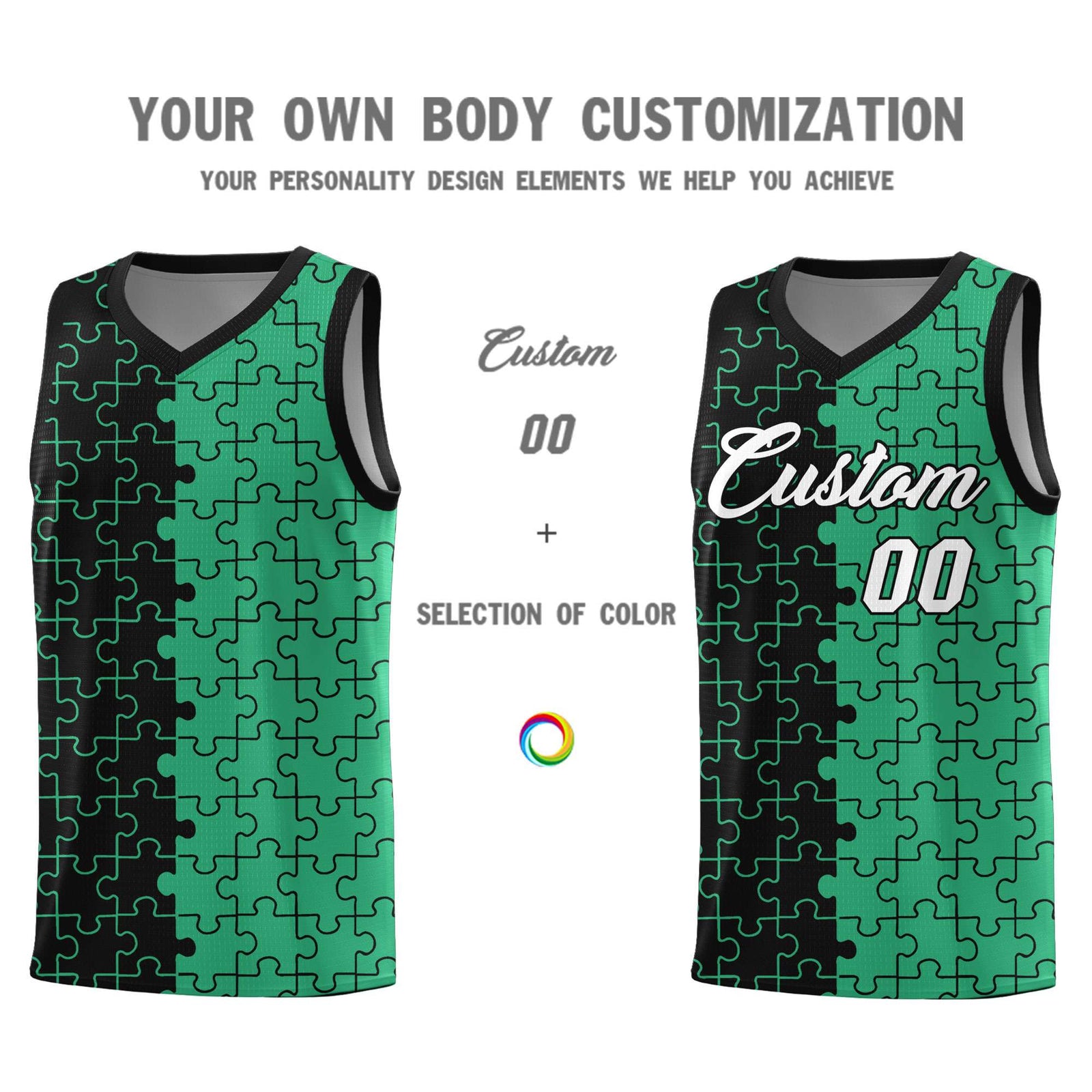 Custom Youth Basketball Jersey Black Green Puzzle Pattern Personalized Team Uniform
