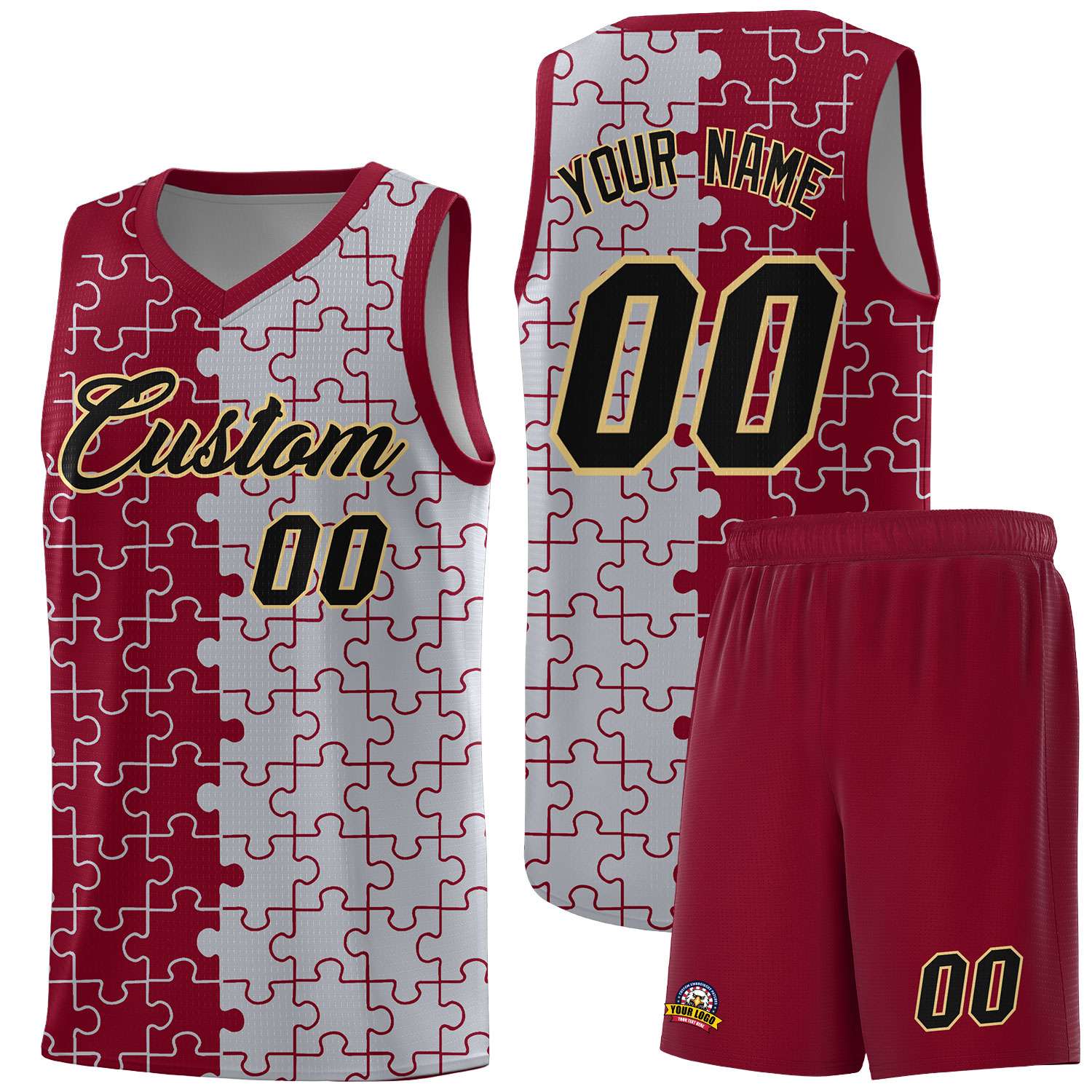 Custom Youth Basketball Jersey Crimson Gray Puzzle Pattern Moisture-Wicking Team Uniform