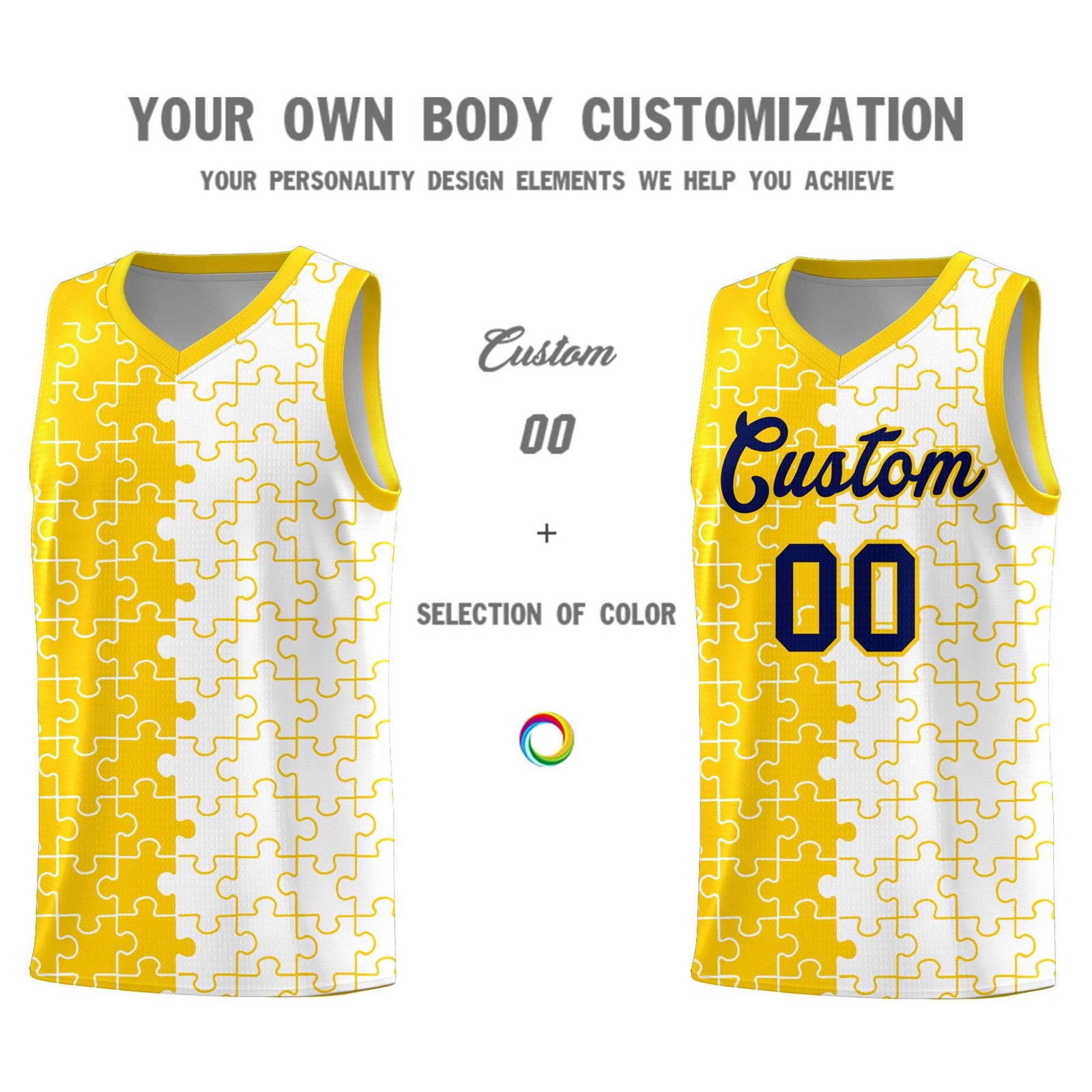 Custom Youth Basketball Jersey Gold White Puzzle Pattern Add Name, Number & Team Logo