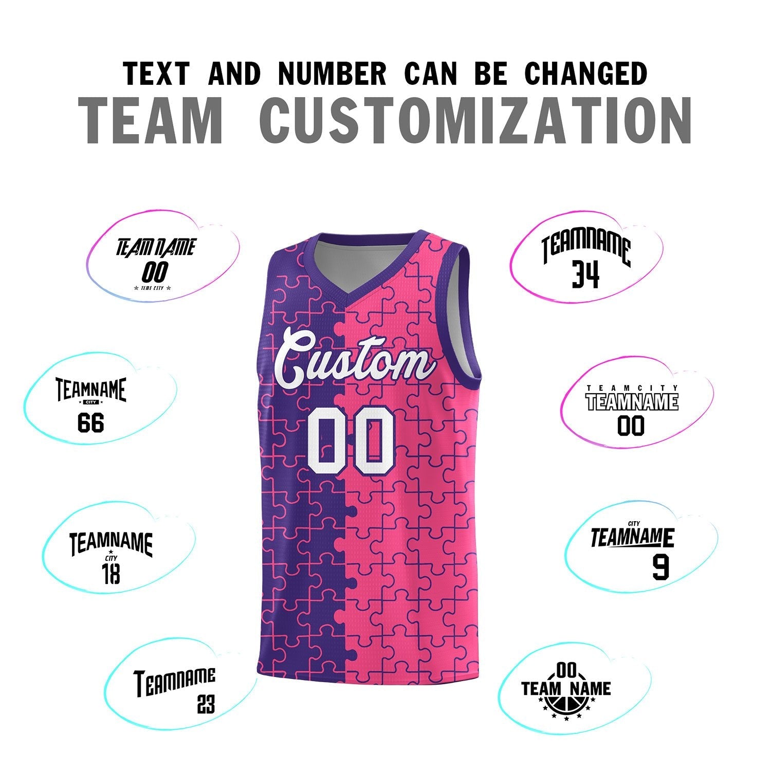 Custom Youth Basketball Jersey Purple Pink Puzzle Pattern Breathable Team Uniform