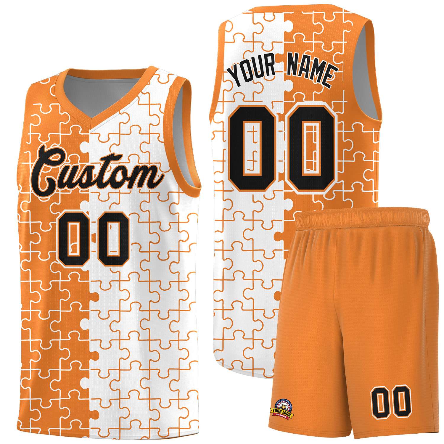 Custom Youth Basketball Jersey Gold Orange White Puzzle Pattern Breathable Team Uniform