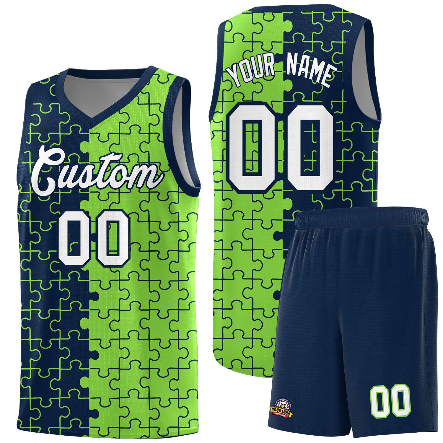 Custom Youth Basketball Jersey Navy Fluorescent Green Puzzle Pattern Moisture-Wicking Team Uniform