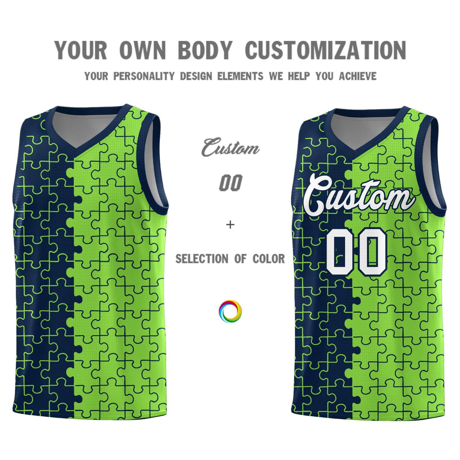 Custom Youth Basketball Jersey Navy Fluorescent Green Puzzle Pattern Moisture-Wicking Team Uniform