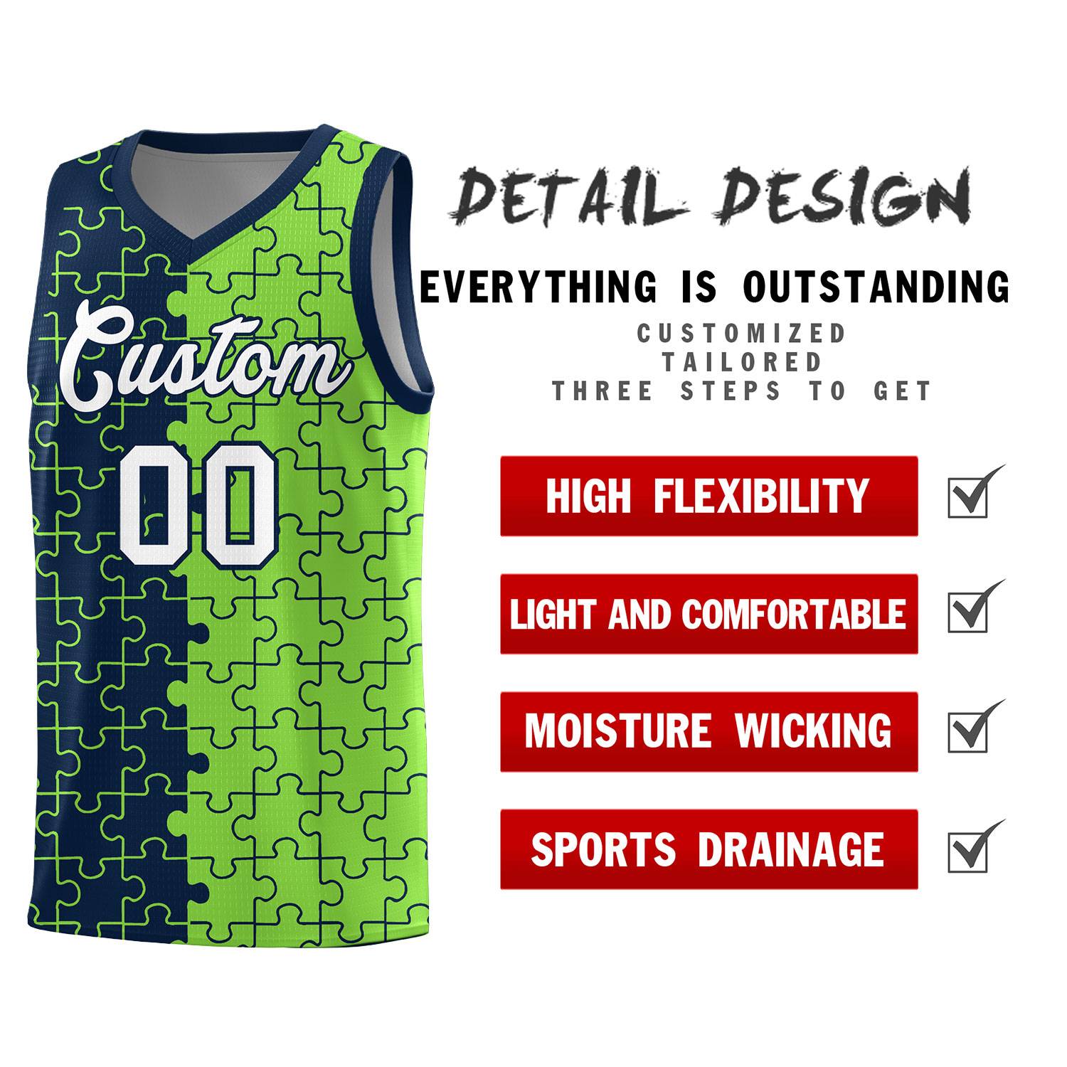 Custom Youth Basketball Jersey Navy Fluorescent Green Puzzle Pattern Moisture-Wicking Team Uniform