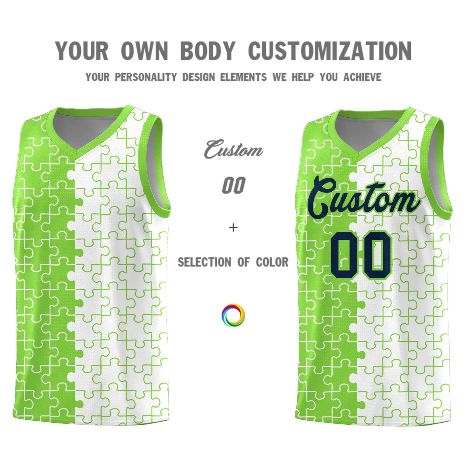 Custom Youth Basketball Jersey Fluorescent Green White Puzzle Pattern Personalized Team Uniform