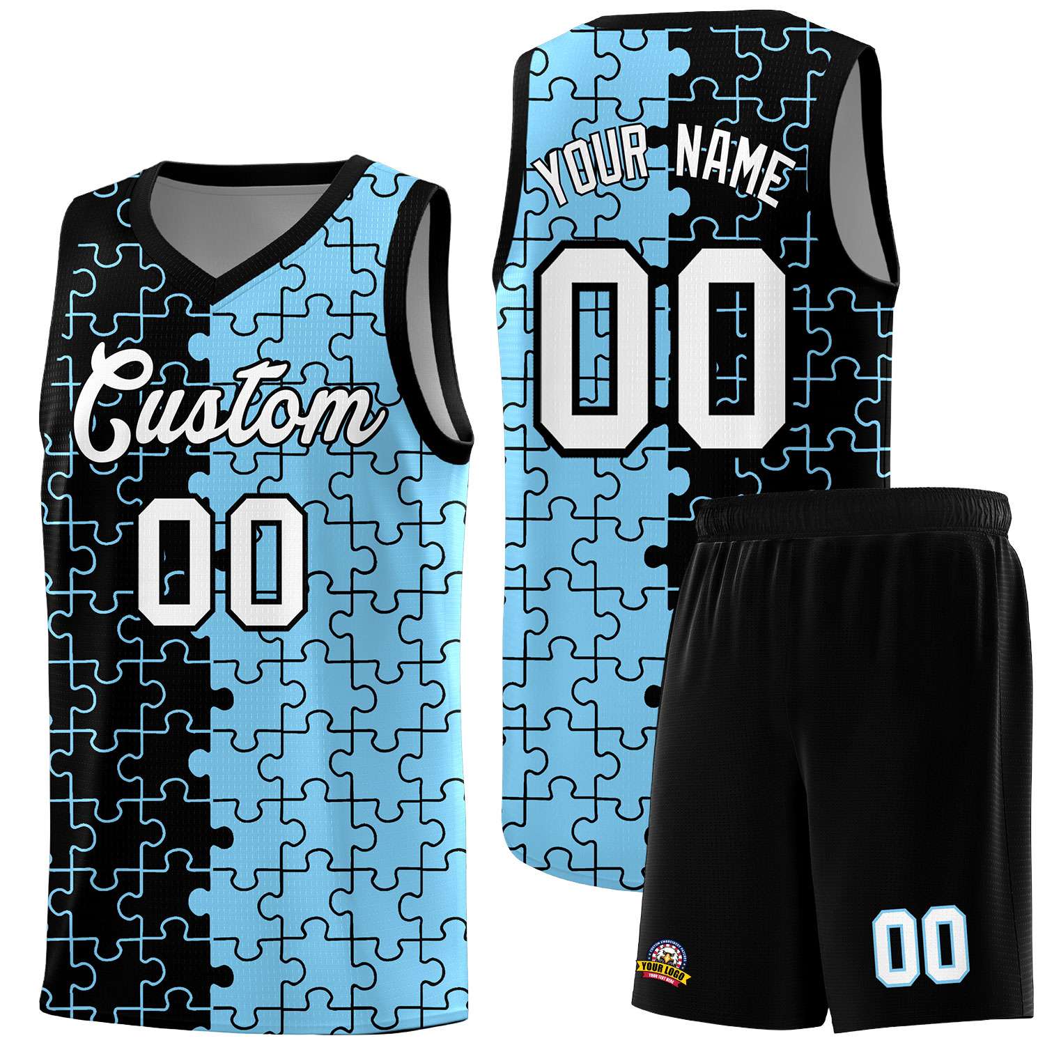 Custom Youth Basketball Jersey Black Light Blue Puzzle Pattern Add Name, Number & Team Logo