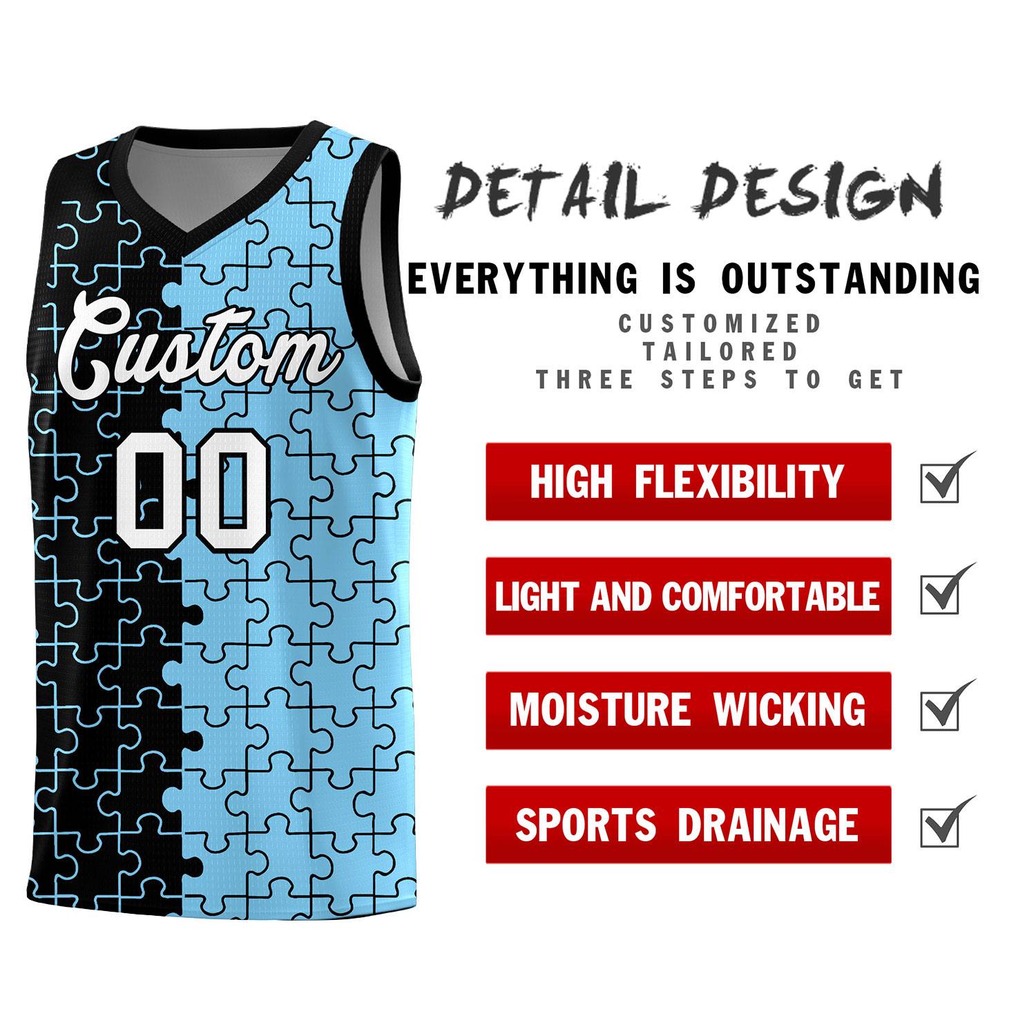 Custom Youth Basketball Jersey Black Light Blue Puzzle Pattern Add Name, Number & Team Logo