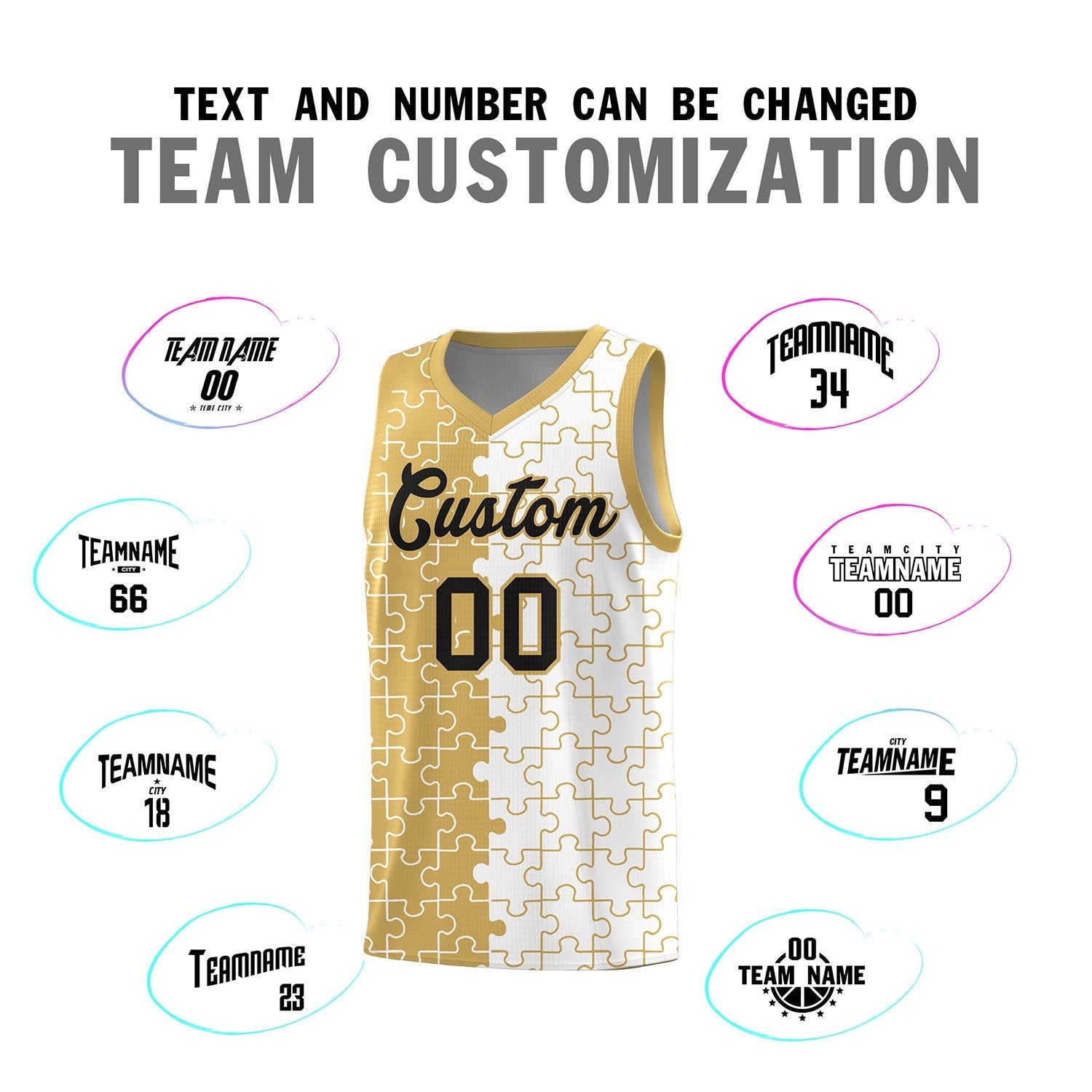 Custom Youth Basketball Jersey Old Gold White Puzzle Pattern Personalized Team Uniform