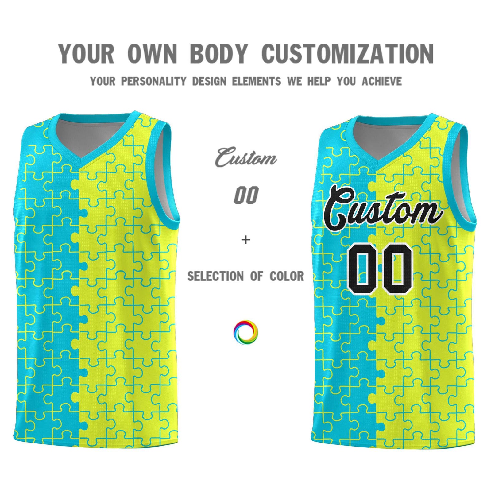 Custom Youth Basketball Jersey Sky Blue Fluorescent Green Puzzle Pattern Personalized Team Uniform