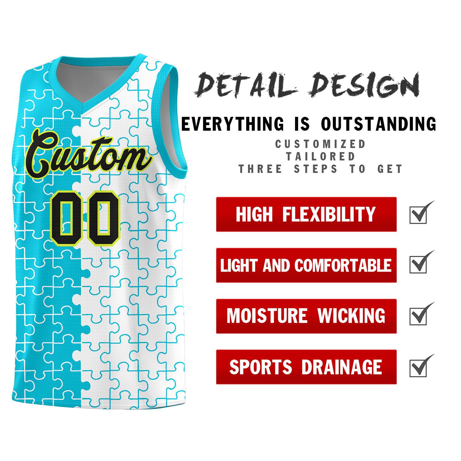 Custom Youth Basketball Jersey Sky Blue White Puzzle Pattern Breathable Team Uniform