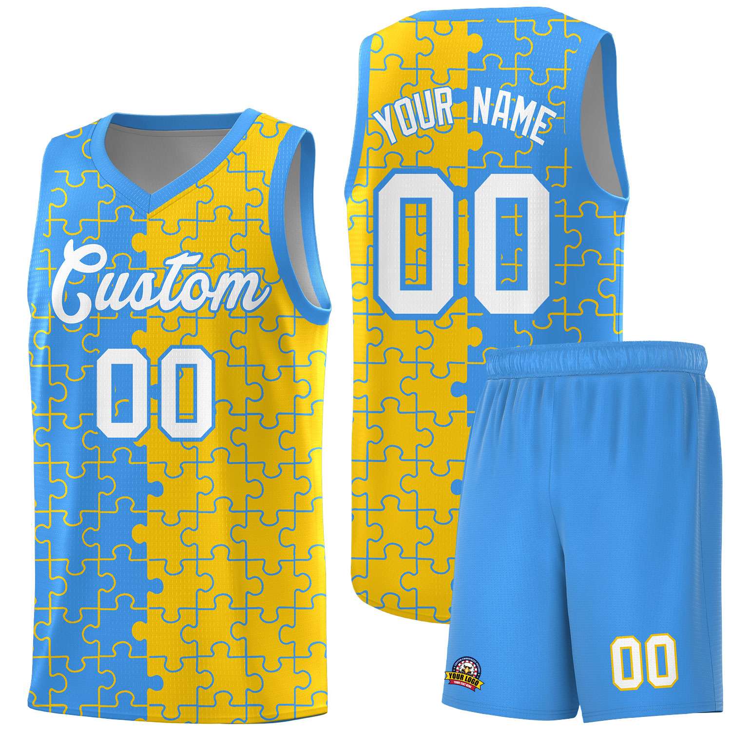 Custom Youth Basketball Jersey Light Blue Gold Puzzle Pattern Moisture-Wicking Team Uniform