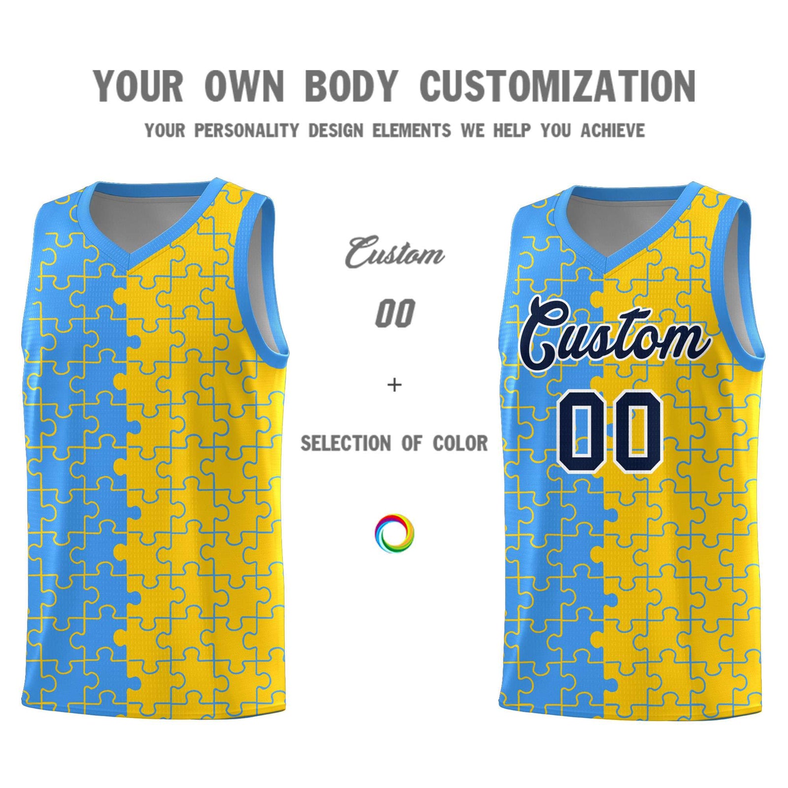 Custom Youth Basketball Jersey Light Blue Gold Puzzle Pattern Add Name, Number & Team Logo