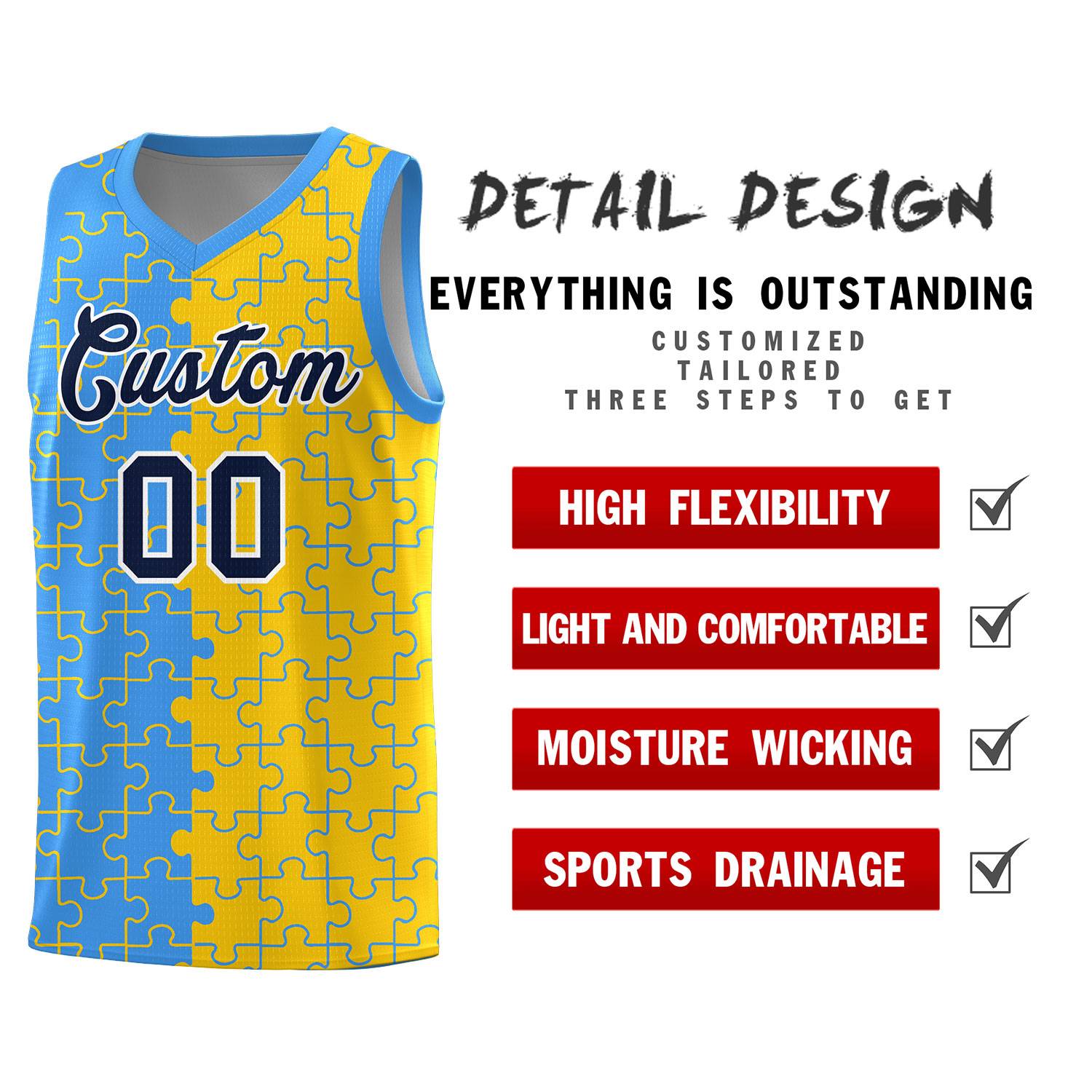 Custom Youth Basketball Jersey Light Blue Gold Puzzle Pattern Add Name, Number & Team Logo