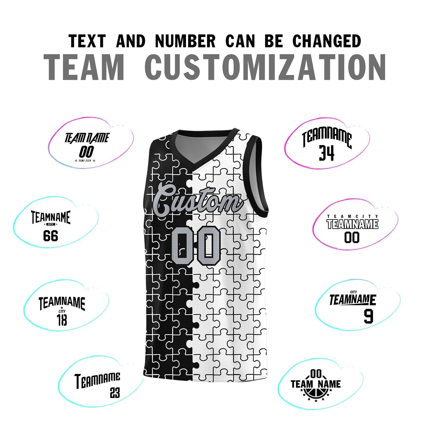 Custom Youth Basketball Jersey Black White Puzzle Pattern Breathable Team Uniform