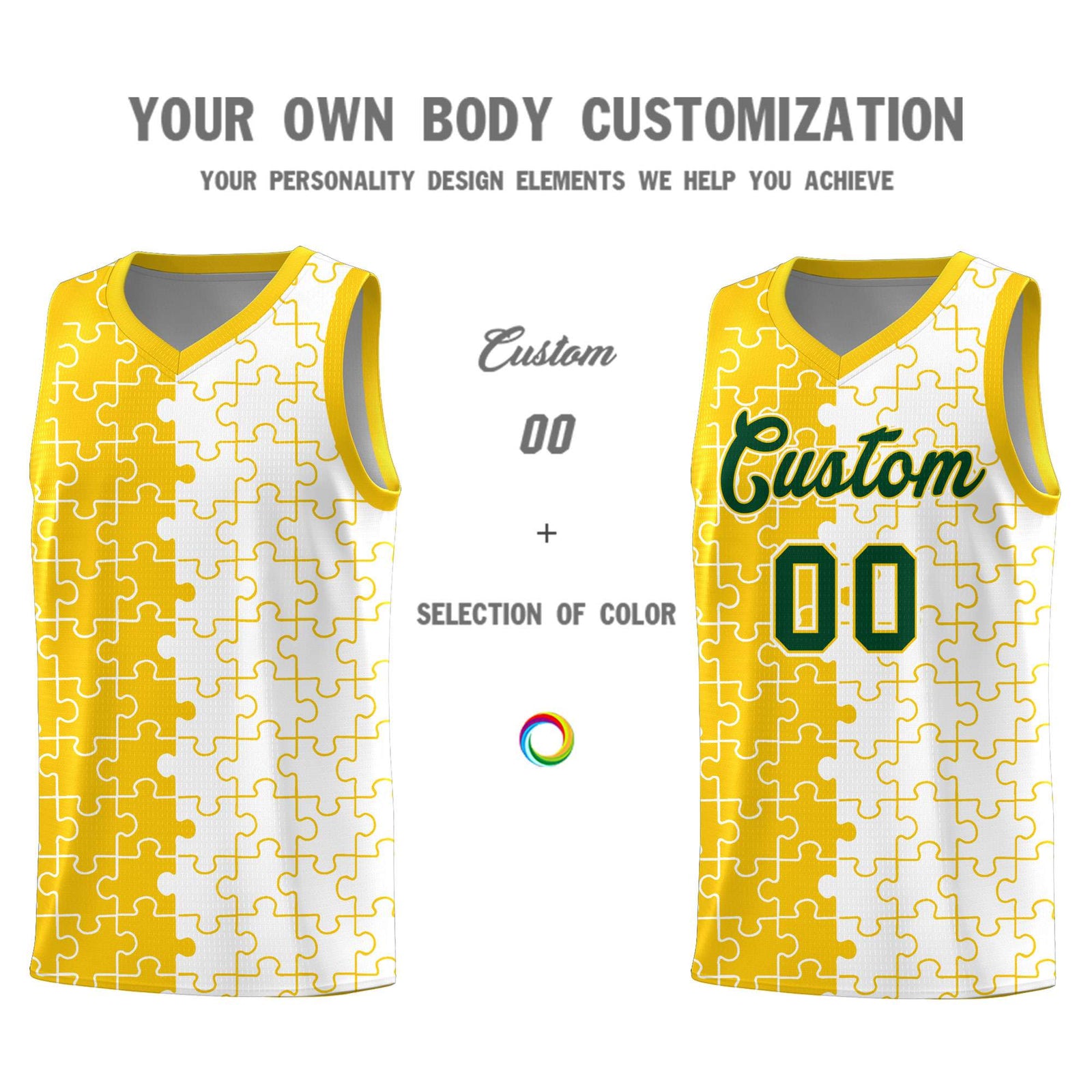 Custom Youth Basketball Jersey Gold White Puzzle Pattern Add Name, Number & Team Logo