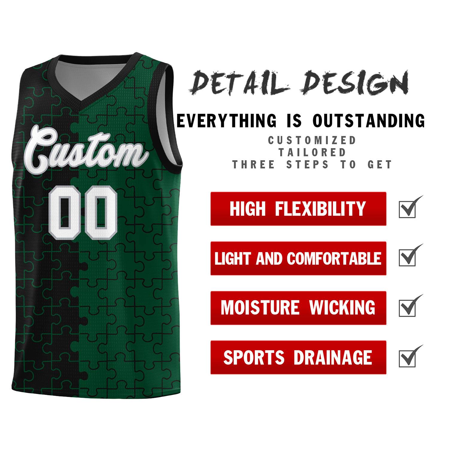 Custom Youth Basketball Jersey Black Green Puzzle Pattern Breathable Team Uniform
